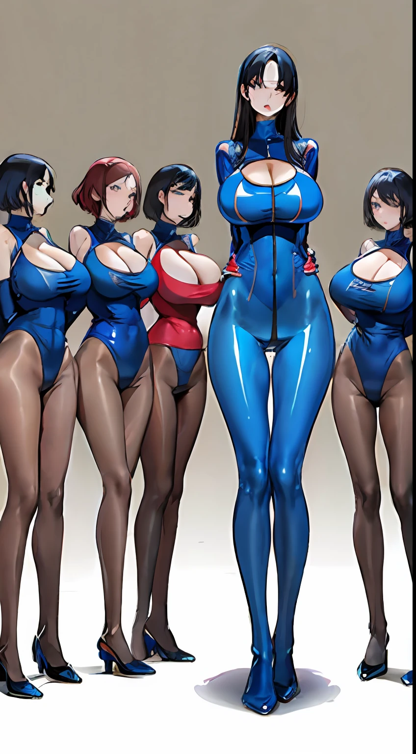 full bodyesbian，Nine women，Stand in a row，One-piece tights，Conjoinment，Blue latex set，Standing on the ground，huge tit，Slim，long leges，Stand up straight，nothing background，Slim，extra long leg，Insert the lower body，Exhibited，Mannequin，