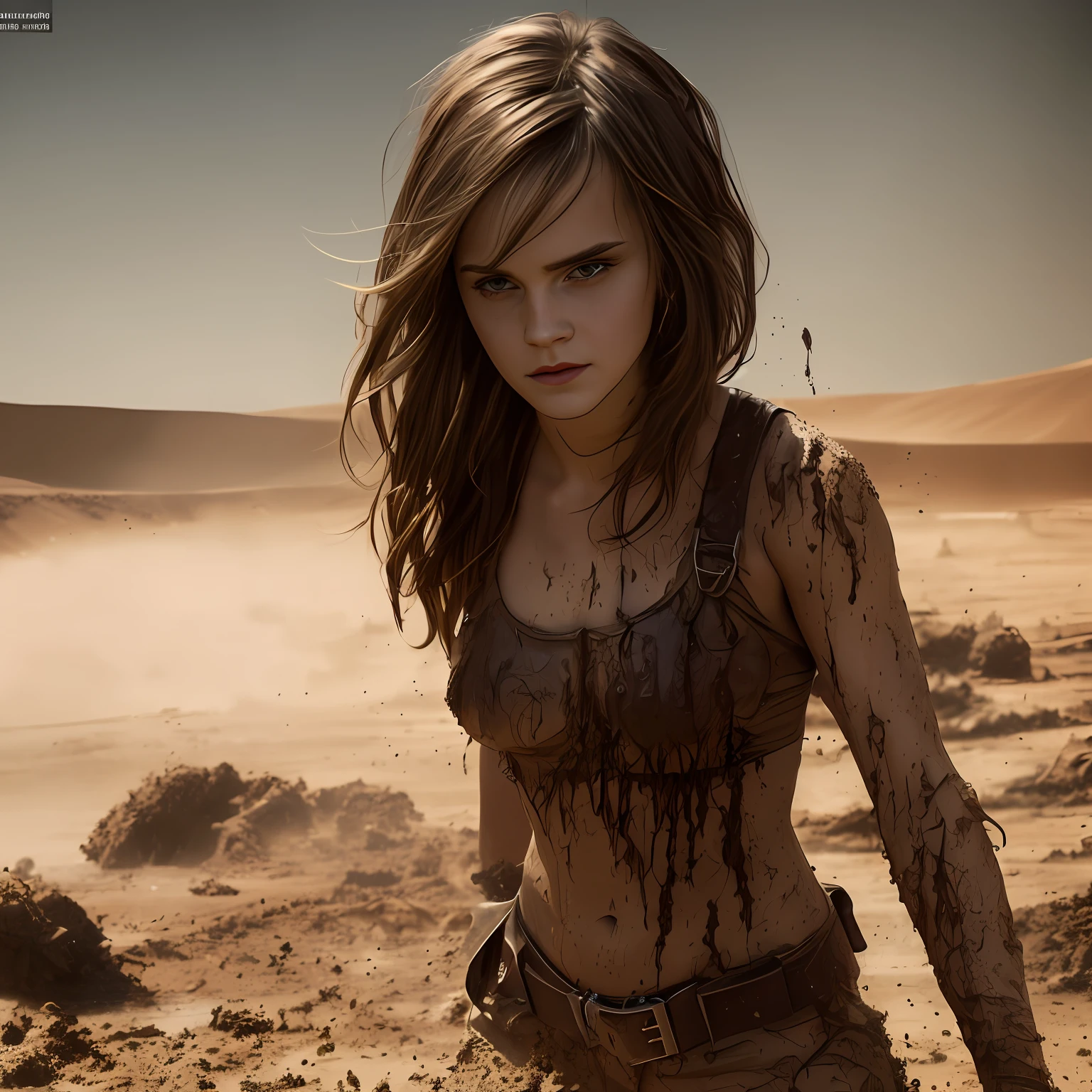 Emma Watson post apocalyptic style. Muddy. dirty. sexy. goth makeup. Ragged chlotes. hidden eroticism. strong but slim body, detailed face. Angry, sand, wasteland, desert, mud. Weapon,