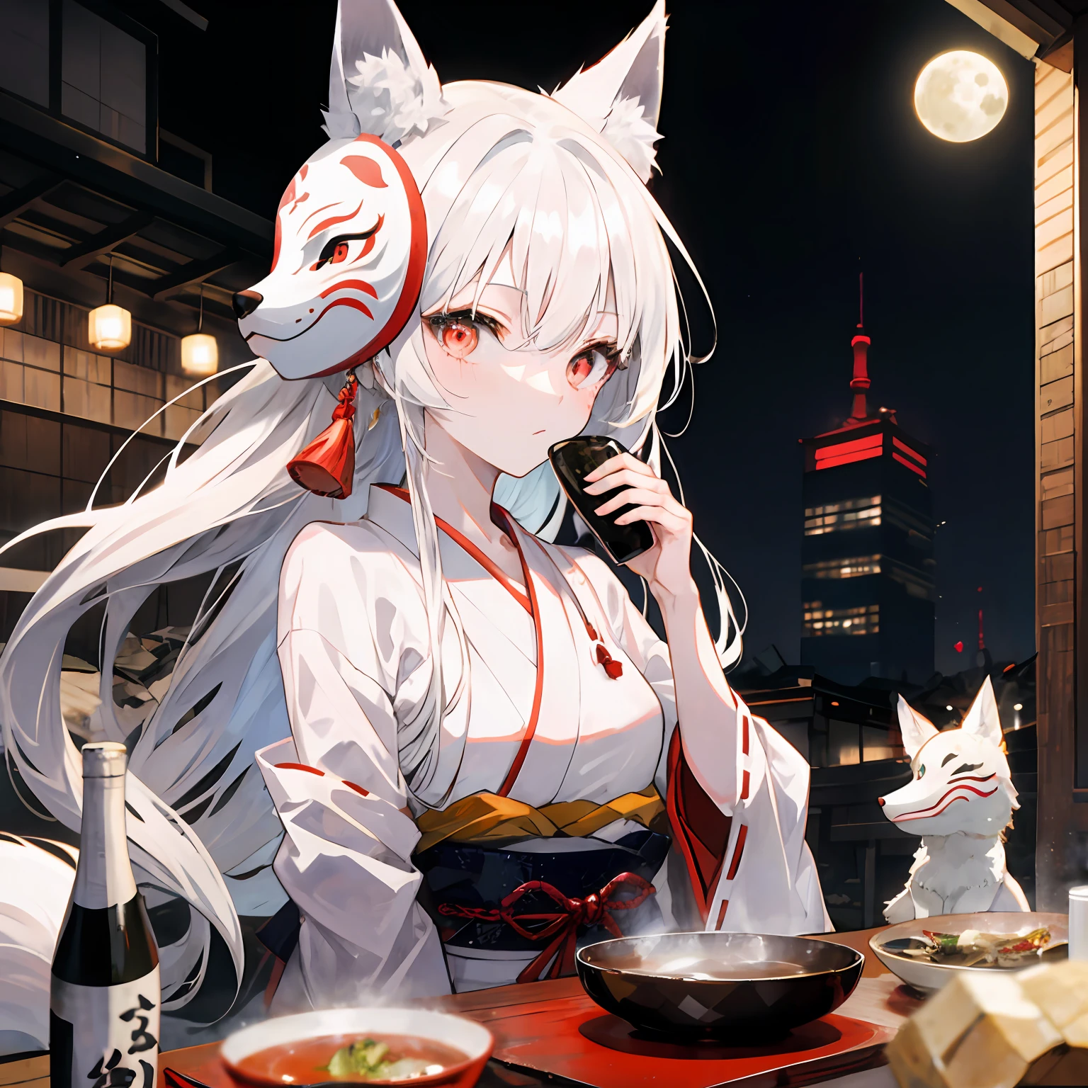 A white-haired girl wearing a fox mask drinks sake in an izakaya among the rubble.,red eyes,miko,moon,shiny skin