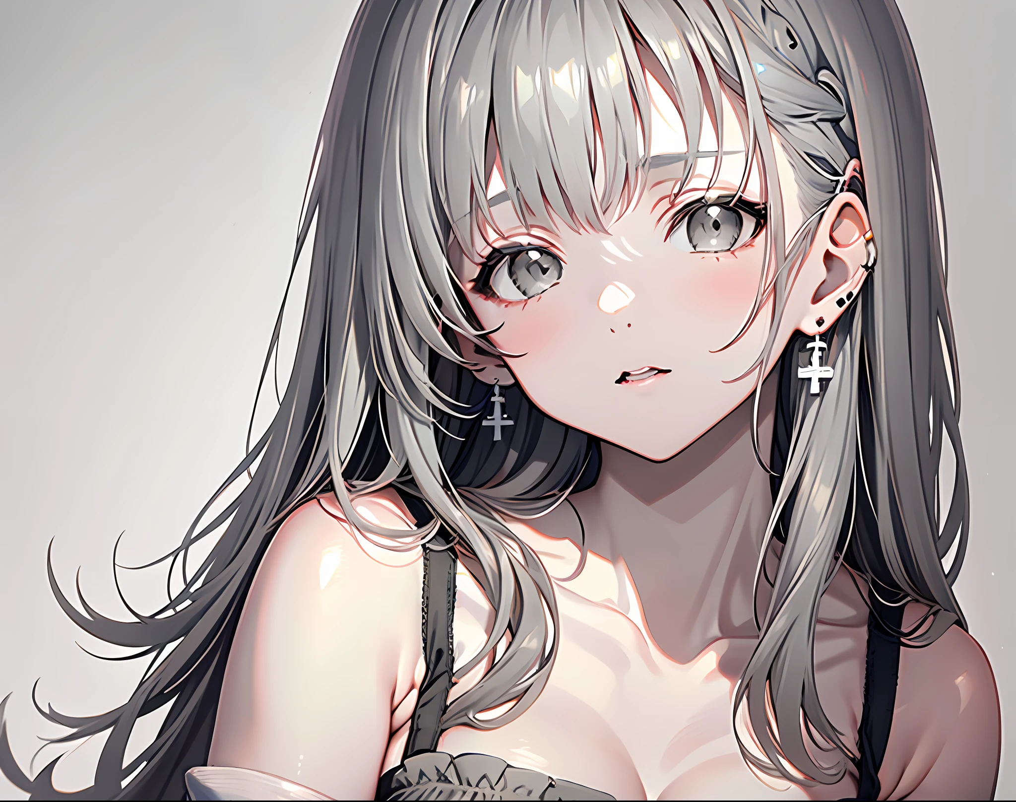 【Highest Quality, masutepiece】 [girl, Gray eyes, front facing, waved hair, camisole, Upper body ] (Gray white background:1.7), (Earring), sexy emotion, Beautiful eyes, pretty large breasts, Gray skin, Solo