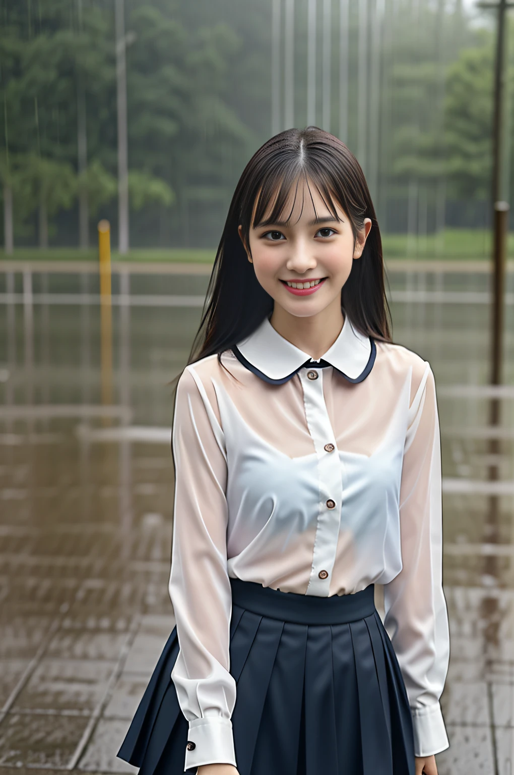 (It's raining heavily: 1.5), (((High school girl dancing in the schoolyard in the rain: 1.5))), (Cute 18 year old high school girl), (((Full body soaking wet with rain: 1.5 ))), (sneaky smile: 1.5), (((hair is wet in the rain, bangs are wet in the rain, uniform collar blouse is wet in the rain: 1.5))), (( The blouse is transparent, and the blouse is wet and close to the skin: 2)), ((skirt is wet)), ((not wearing a bra)), ((the shadow of the nipple is visible on the chest: 1.2)) , ((loosely tied red ribbon: 2)), ((1 woman: 1.5)), (anatomically correct proportions), sexy proportions, (((bruise pose))), ( (dancing)), ((above the knee shot: 1.5)), detailed face, detailed hair, detailed skin, small face: 1.2, no makeup, big breasts, (( Short torso:1.2)), thin waist, small buttocks, ((1 screen)), 8K, RAW shot, highest quality, masterpiece, realistic photography