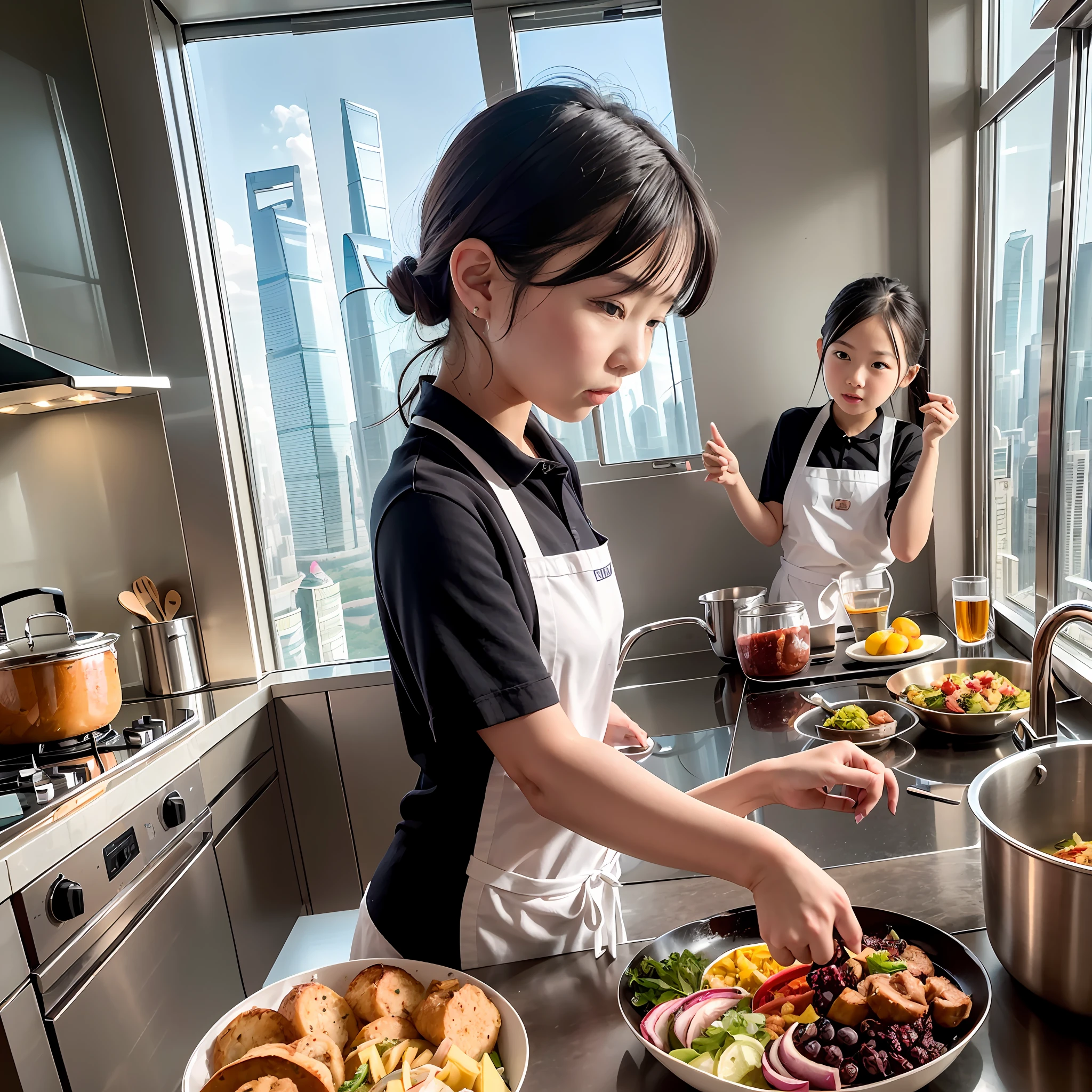Located on the 180th floor of Shanghai Tower,Five delicate cute little girls with upturned asses,junior school student,Cook in an upscale open kitchen