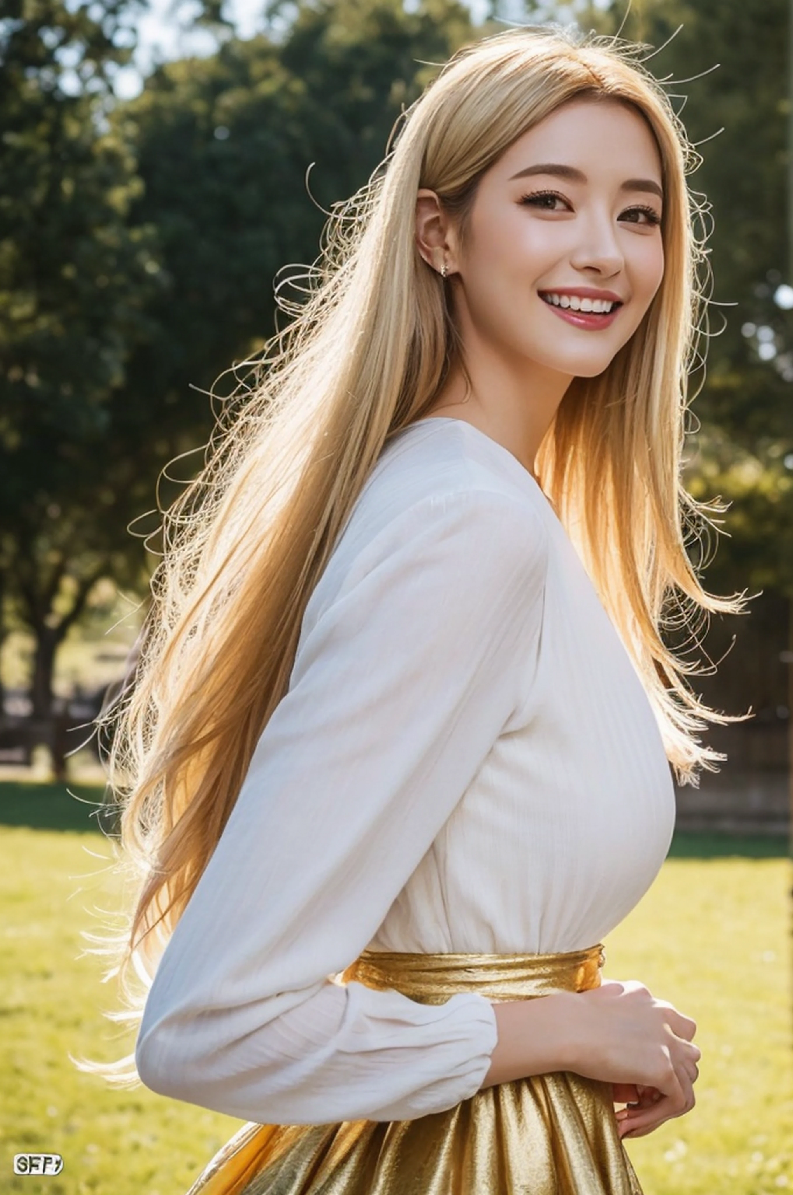 (top-quality、8K、32K、masterpiece、nffsw:1.2)、1 girl in、beautfull Japanease woman、((Golden hair))、Fancy makeup、thin-waist、Beautiful Women in Perfect Style:1.4、Colossal tits:1.3、finerly detailed face、A smile、Peasant dress、from the rear