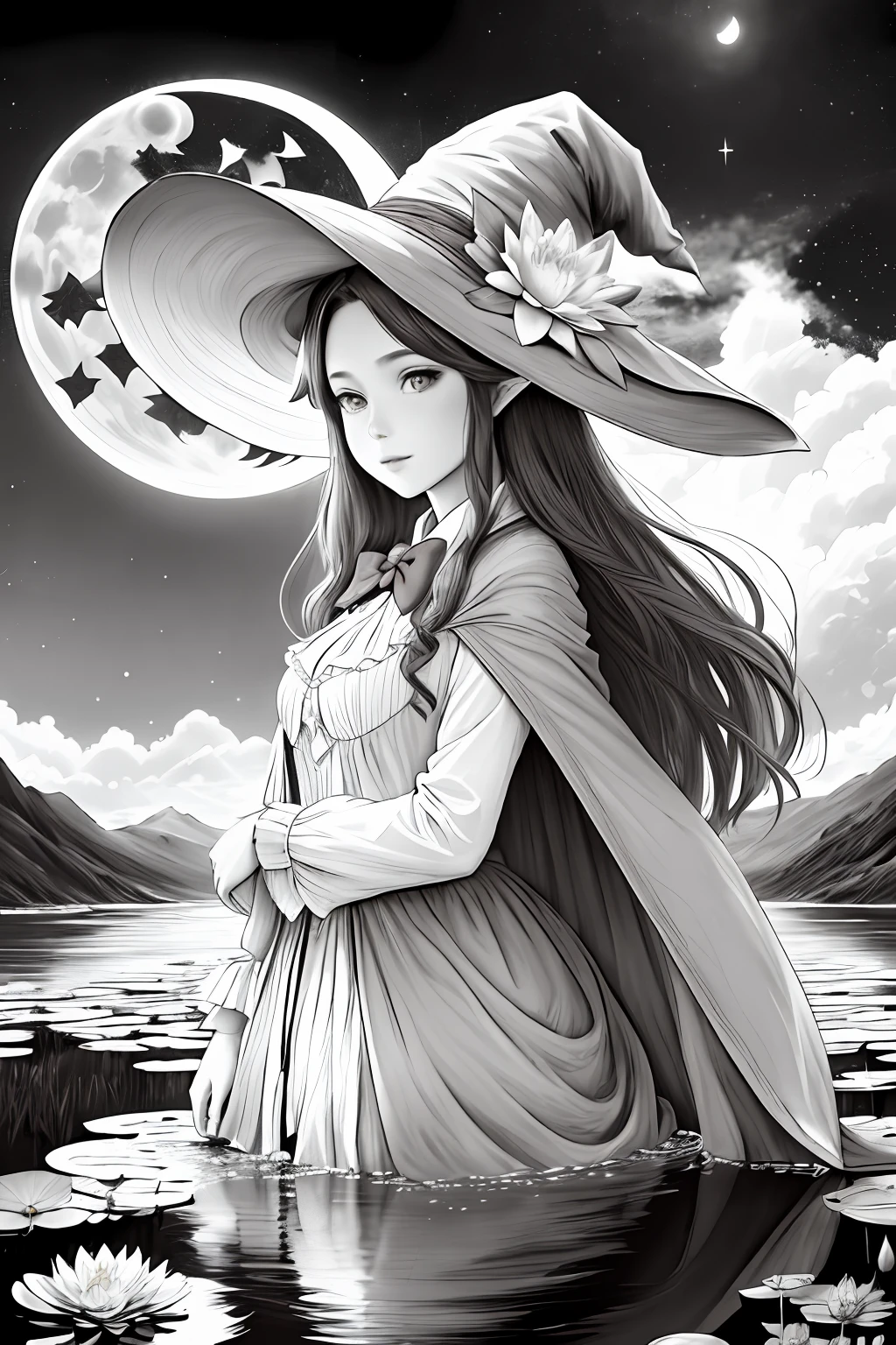 masterpiece, best quality,1girl, adjusting clothes, adjusting headwear, blush, bow, bowtie, breasts, brown eyes, brown hair, cloak, cloud, cloudy sky, crescent moon, dress, fantasy, flower, glowing, glowing flower, hat, light particles, lily pad, long hair, looking at viewer, moon, moonlight, mountain, mountainous horizon, night, outdoors, parted lips, pointy ears, pond, sky, small breasts, star (sky), starry sky, very long hair, wading, water lily flower, wind, witch, witch hat, lineart, monochrome,