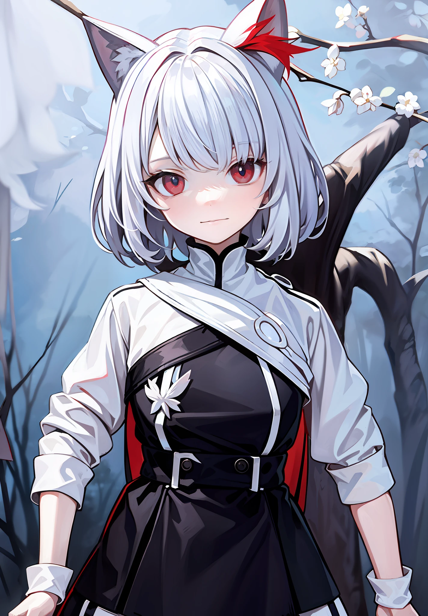 [White color hair]，[red color eyes][1Blittle girl][Dull hair][Background with:tree branch，litchi][Clothes in black and white color][black long sleeves]