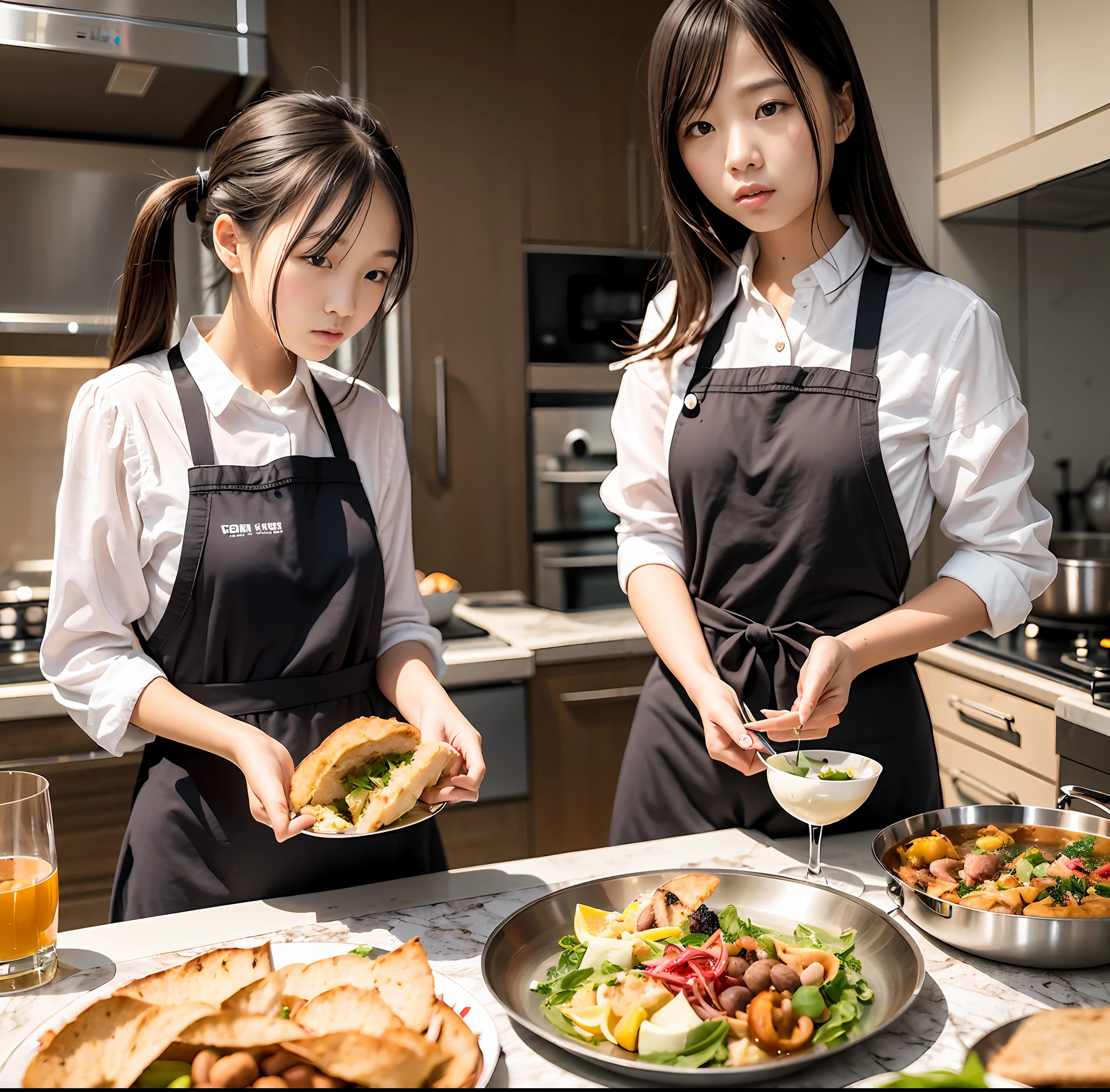 Located on the 180th floor of Shanghai Tower,Five delicate cute little girls with upturned asses,junior school student,Cook in an upscale open kitchen