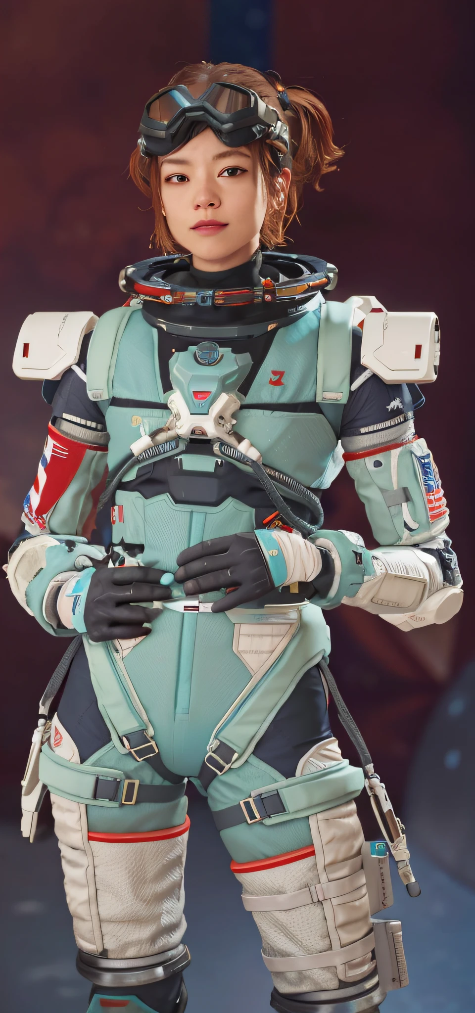 Close-up of a European and American woman in a space suit wearing a helmet and goggles, apex legends armor, dusty space suit, wraith from apex legends, 《Intrepid Covenant》Jett in , teal uniform, fully space suited, clothed in sci-fi military armor, sci-fi skin, teal skin, full uniform, science fiction suit, battle garment, Brave character