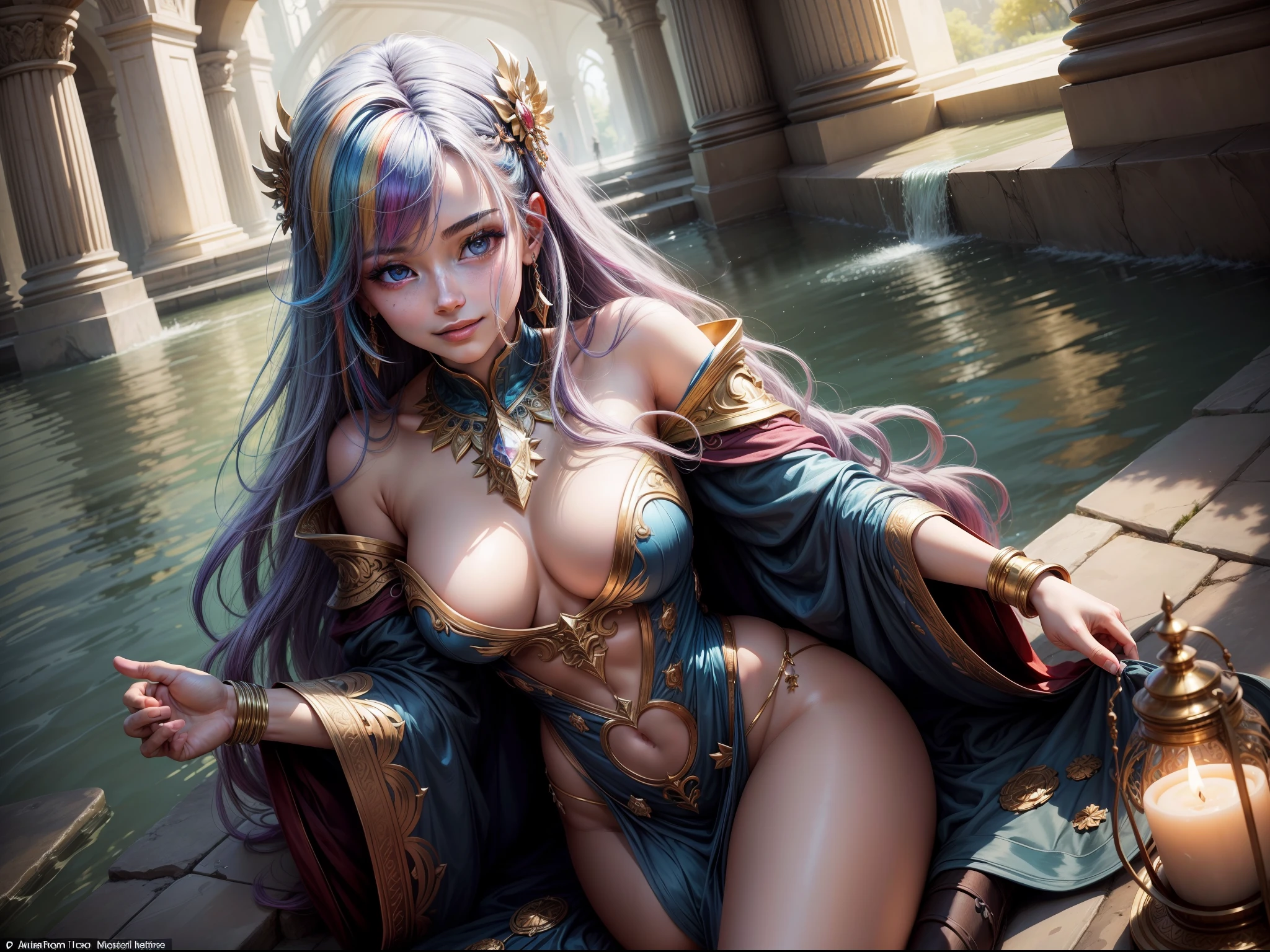 (Masterpiece: 1.4), (Best Quality: 1.4), A captivating girl of divine power fell into the mortal realm, with her charming smile give breath to its surrounding an unrealistic sense of peace and made everything more vibrant, the world loses its beauty when compared to her beauty, the elements bowed to her, and the colors of the world only accentuated her beauty as its shine on its own compared to other. ultra realistic. multicolored Hair
