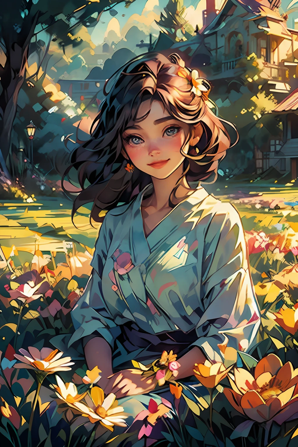 girl ,Masterpiece: 1.2, best quality, 1girl, field of daisy, vibrant, (happy:1.4),colorful details,ultra detailed,detailed lighting,\(\(inspired by Hayao Miyazaki\)\),official art, garden, flowers
