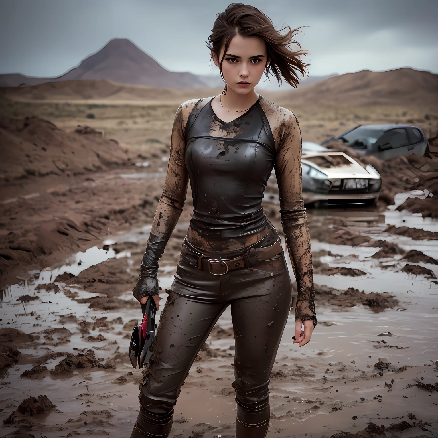 Beautiful, short black haired women, post apocalyptic style. Muddy. dirty. sexy. goth makeup. Ragged chlotes. hidden eroticism. strong but slim body, detailed face. Angry, sand, wasteland, desert, mud. Weapon, cars sinking in mud, car stuck in mud. Muddy trial. She looks like mix of emma watson and emma stone and Mackenzie Davis.