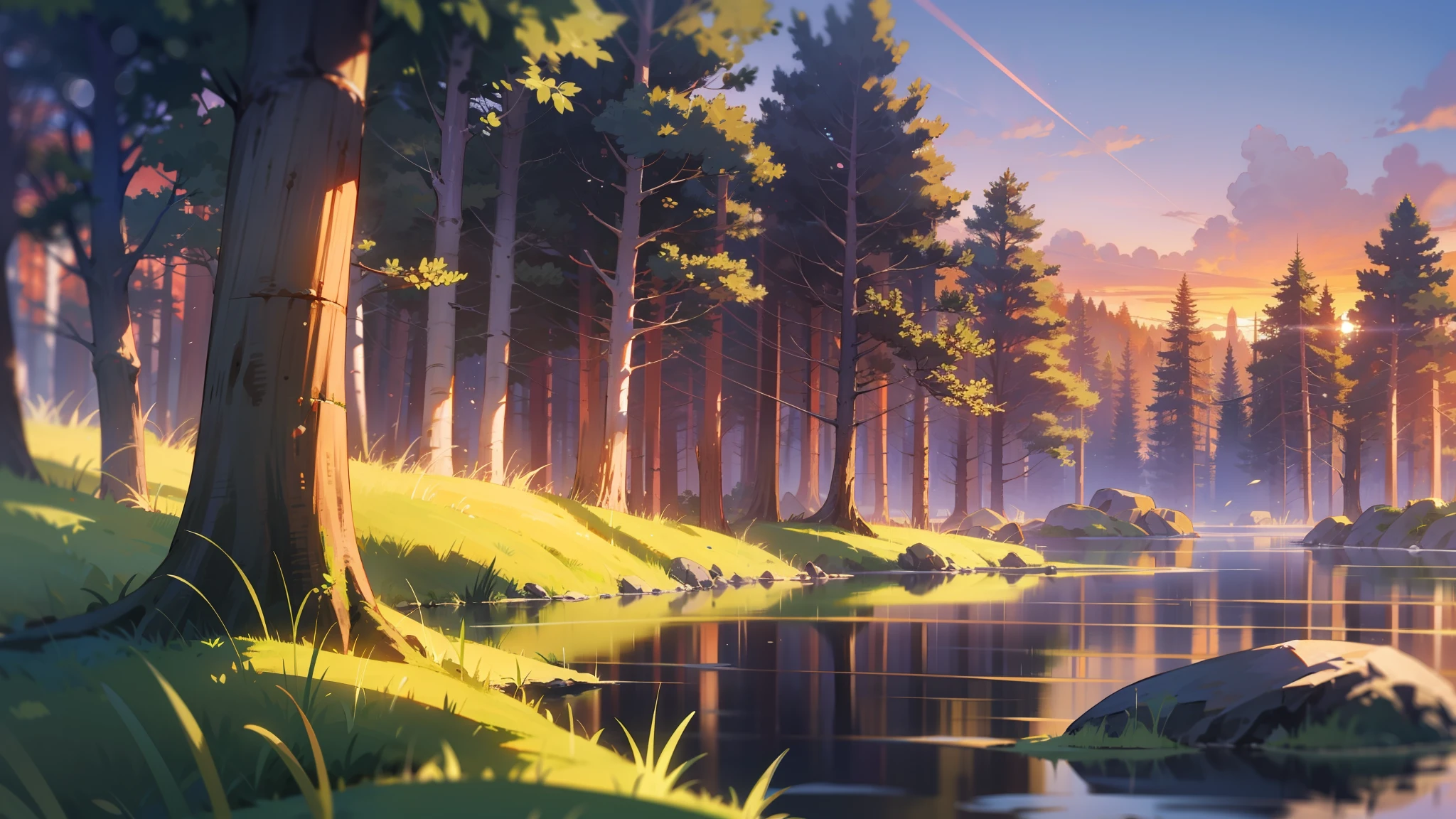 animation sea in the middle of calm forest in a beautiful sunset, high quality, 4k --auto --s2
