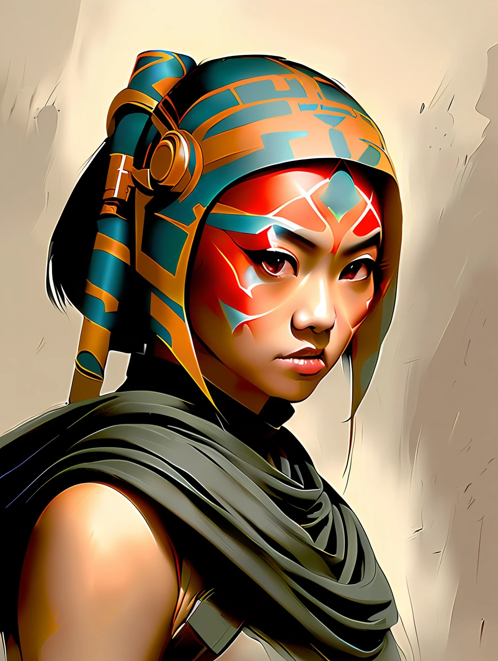 A Star Wars Jedi Grandmaster Ahsoka Tano (asian female with beautiful eyes) in the style of Mark Demsteader