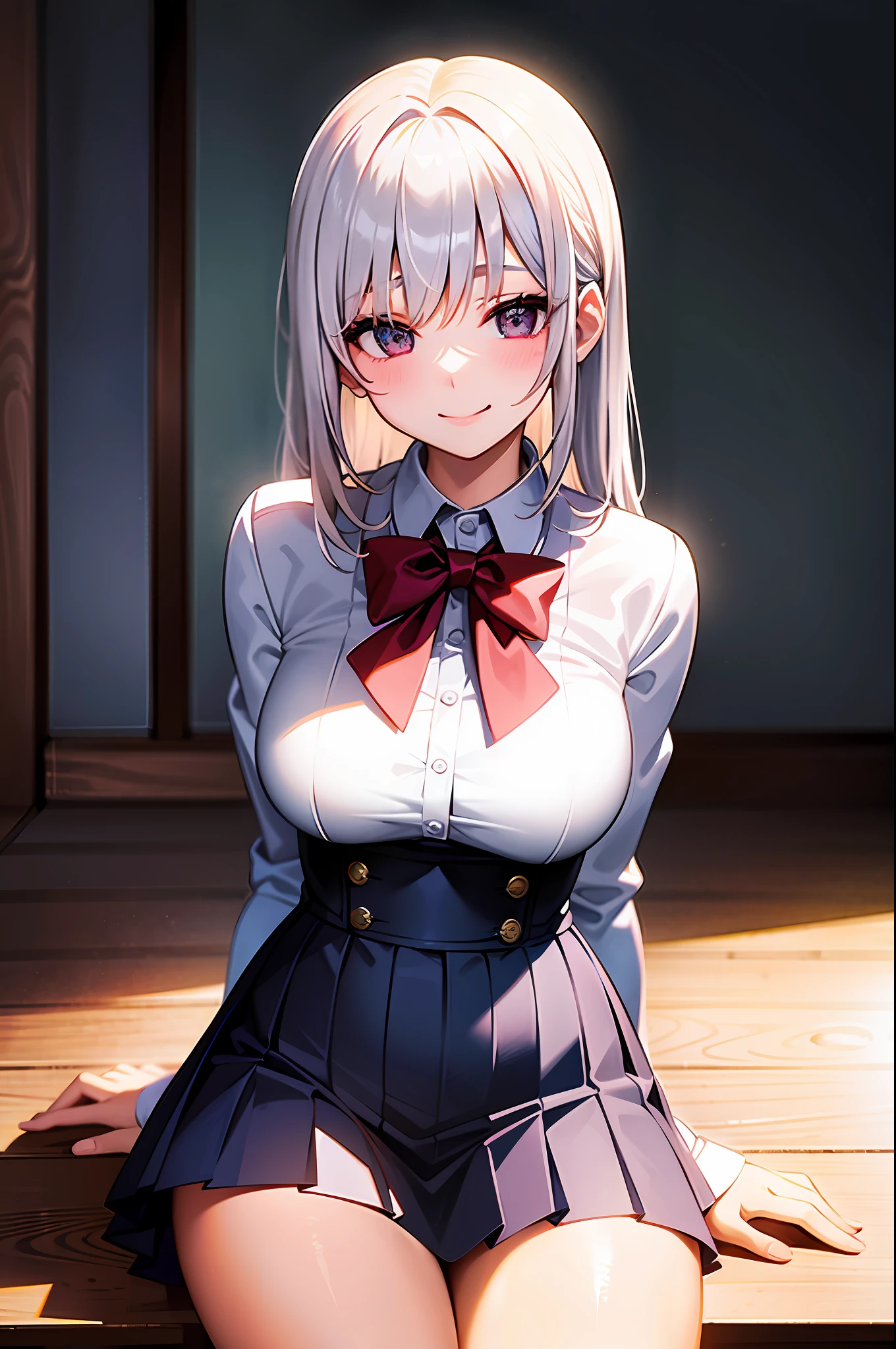 Girl in school uniform with white hair smiling cheerful face sitting in a sexy way blushing