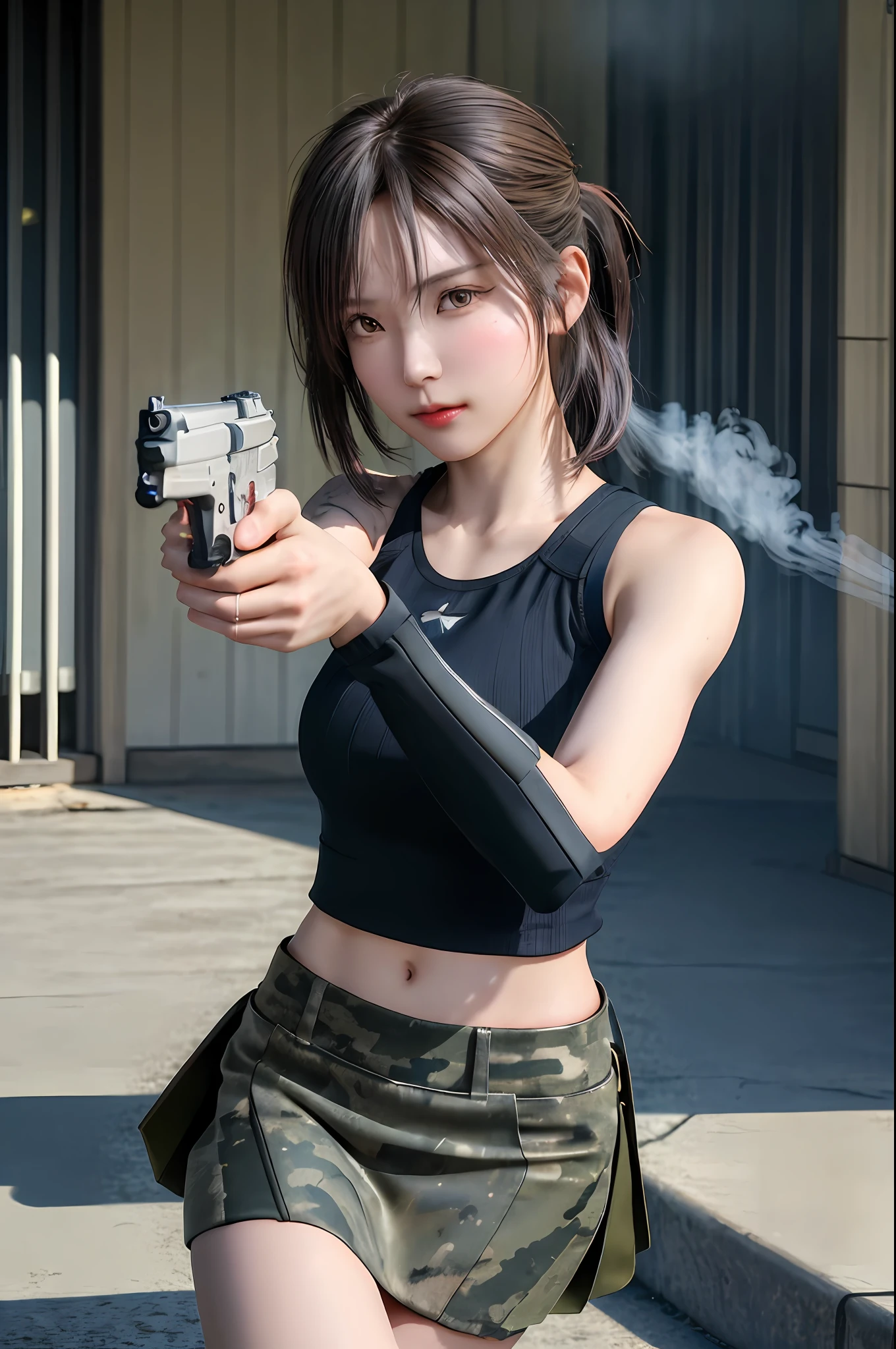 1girl,short cut, slender, ponytail, ((aiming at the viewer with a gun)), camouflage-colored clothes, tank top, (tattoo), leather miniskirt, two pistols, ((holding a handgun)), masterpiece, detailed shadow, detailed light, very detailed, best quality, hd, 4k, high quality, cowboy shots, photography, professional lighting, (((decent looking gun)))), detailed background, flash, shooting smoke, outdoor, park, ((square)), beautiful background, falling cartridge case,