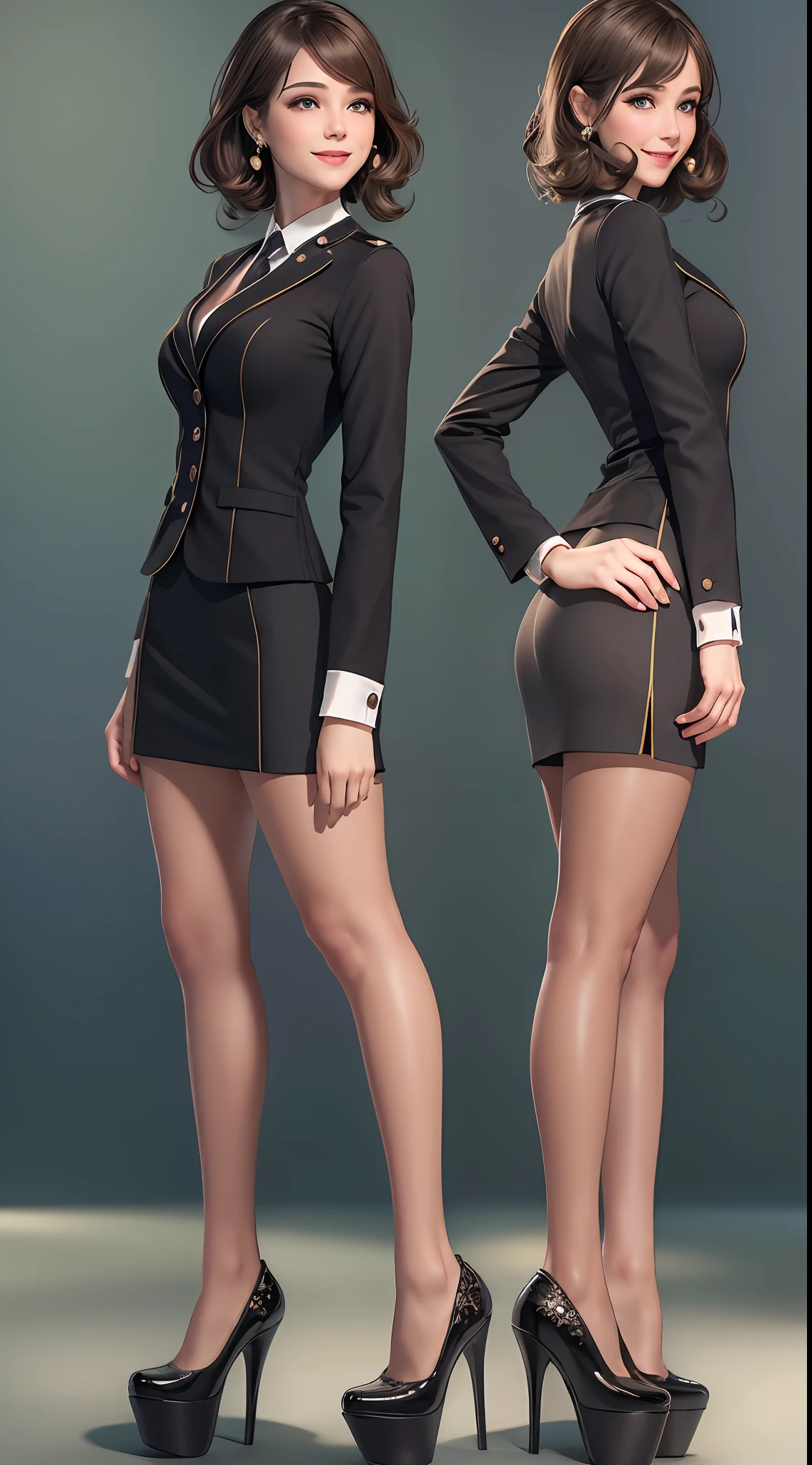 (8K, Best quality, Masterpiece:1.2),
(Realistic, photo-realistic:1.37),
Ultra-detailed,
1 girl, full bodyesbian, Outdoors, (Adjust hair:1.5)
Office Lady, black officeblazer, officeskirt, (Pantyhose:1.2), (short buttoneddownshirt:1.2), buttonedupcollarprim, buttoneddowncollarprim, Bra, (Pantyhose:1.2), alphalayers, high-heels,
Beautiful earrings,
Cute,
Solo,
Beautiful detailed sky,
(Smile:1.15),
(Closed mouth),
Small breasts,
Beautiful detailed eyes,
Business attire,
(Short hair:1.2),
Floating hair NovaFrogStyle,