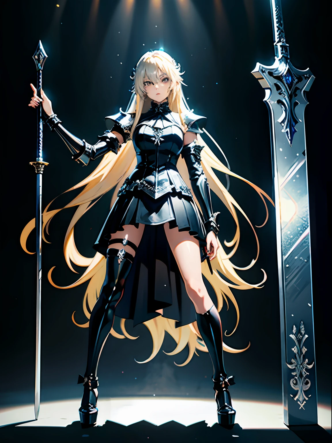 1 anime girl,HD picture,Long blonde hair,largeeyes,Raised sexy,Silver Gothic knight armor,silver high heels,stocklings,fanciful,white backgrounid,The left hand holds a long sword,cute face,Standing posture,Look into the camera
