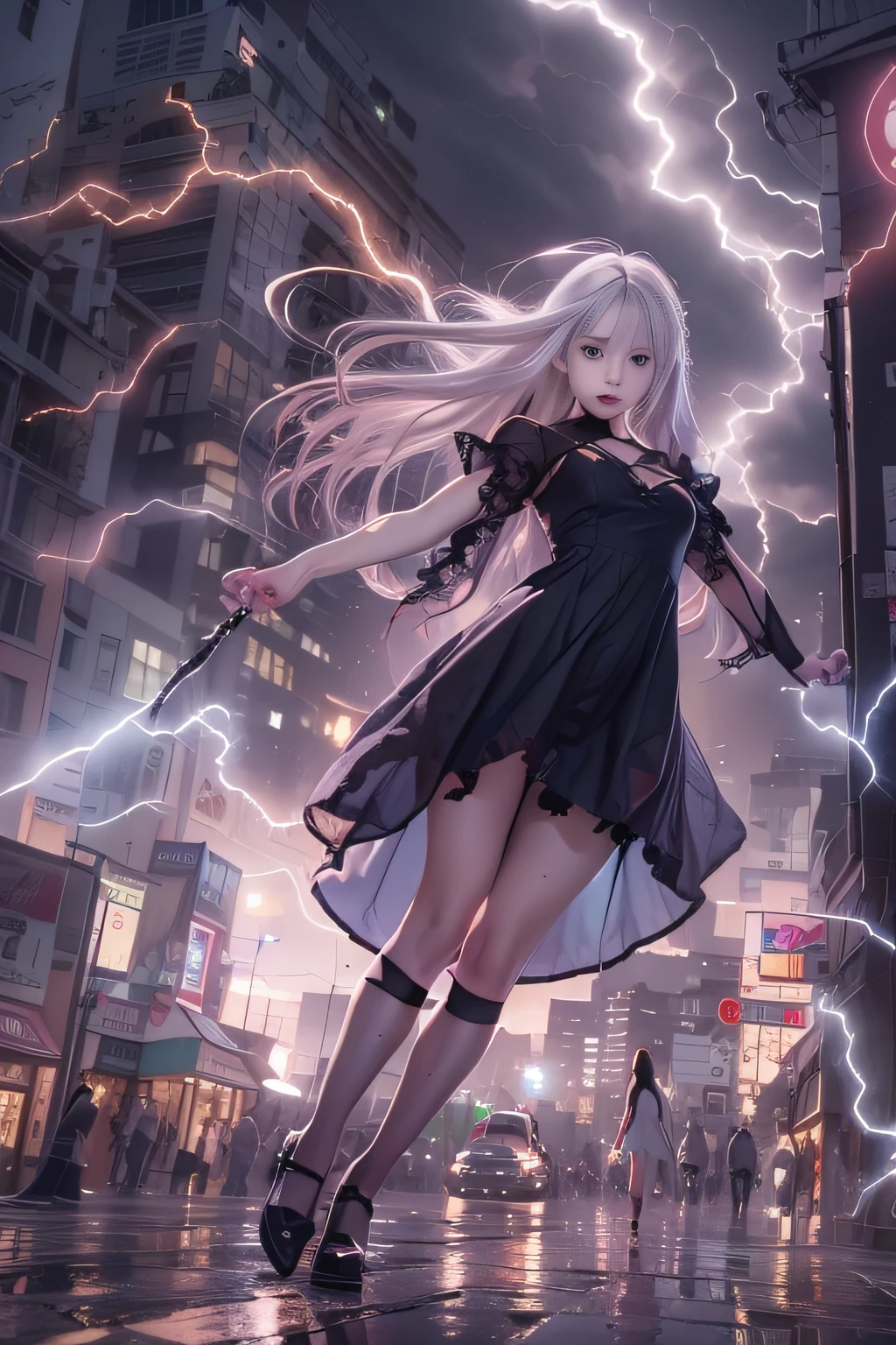 Black Goth Lolialeif girl flying in a storm,Gotroy albino girl floating in the city with one hand,Woman in black dress with red and black hair, goddess of lightning, Storm,She's attracting lightning, Gal Gadot as Lord of Hell, Gothic Maiden girl, girl in black dress, 1 7 girl,Old Goth girl, an elegant gothic princess, artwork in the style of guweiz, in the art style of bowater, dreamy gothic girl, 8k high quality detailed art, gothic art style, wearing a gothic dress,closing,Wearing underwear,Red Eyes,Looking down,white hair,Wind,Head tilt,White hair, Silver hair, Long hair, Blunt bangs, Straight hair, Big hair, expressive hair, (Red eyes that glow intensely:1.8), Downward eyes, (Red Eyes:1.5),small tits,Thin leg,Crazy, Disappointed,wide Shots,wide angles,sideshot,3 views,,(Close up portrait of a person in a black dress flies over the city:1.7),People fleeing the busy streets of a city lined with shops々々々々, busy street, Street crowded with people, photograph of the city street, japanese downtown, Traditional Cities of Japan, Busy streets,busy cityscape, bustling city, Crowded with people, Bustling streets in the moon, crowdedstreets, shutterstock, Bustling small town streets,bad weather、A purple lightning bolt comes out of the girl's hand and hits the city, Lightning clouds, Atmospheric lightning, Pink lightning, With thunderstorms, Dark storm with lightning, Dramatic purple lightning, Lightning in the sky, Contrast Lightning, thunderstorm in the sky, Lightning in the background, With lightning, Stormy weather with lightning, Upper volumetriclightning,Effect of wearing purple aura,(Control lightning with open arms:1.4),Destroy the city with a girl's lightning attack,Called nose,Lightning effect on both hands,Purple glowing balls around a girl,