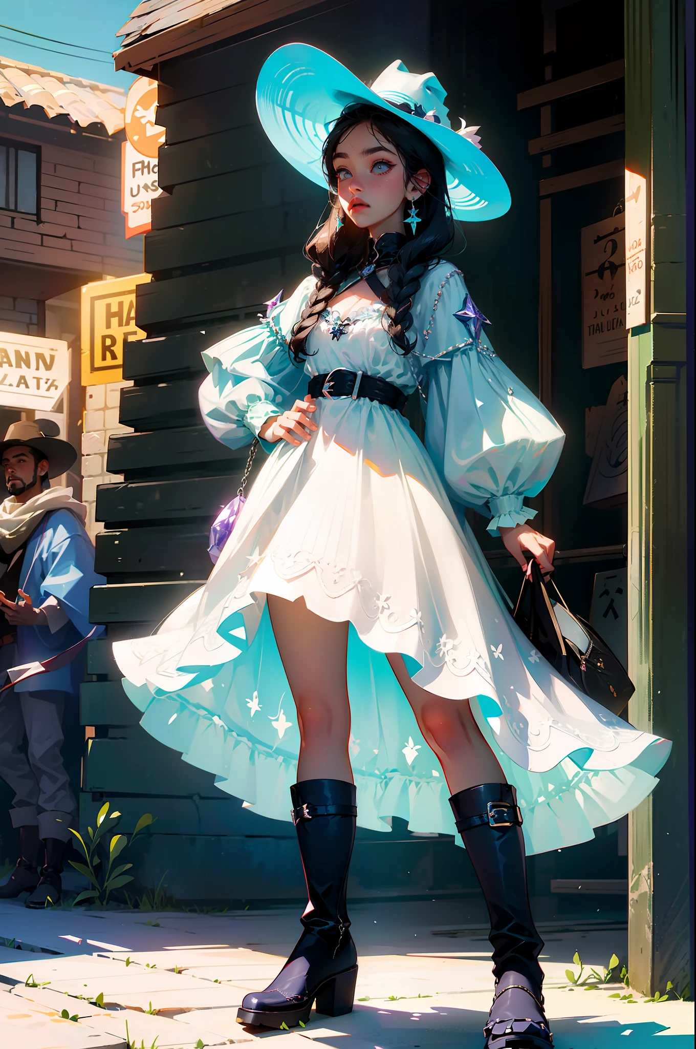 Una hermosa vaquera. She is in the middle of the street in a small village. She holds two large revolvers......, uno en cada mano, Usar ropa de mezclilla, un sombrero y botas altas. Su cabello es largo y rizado. It's a spectacular full-body image with a low upward tilt angle..