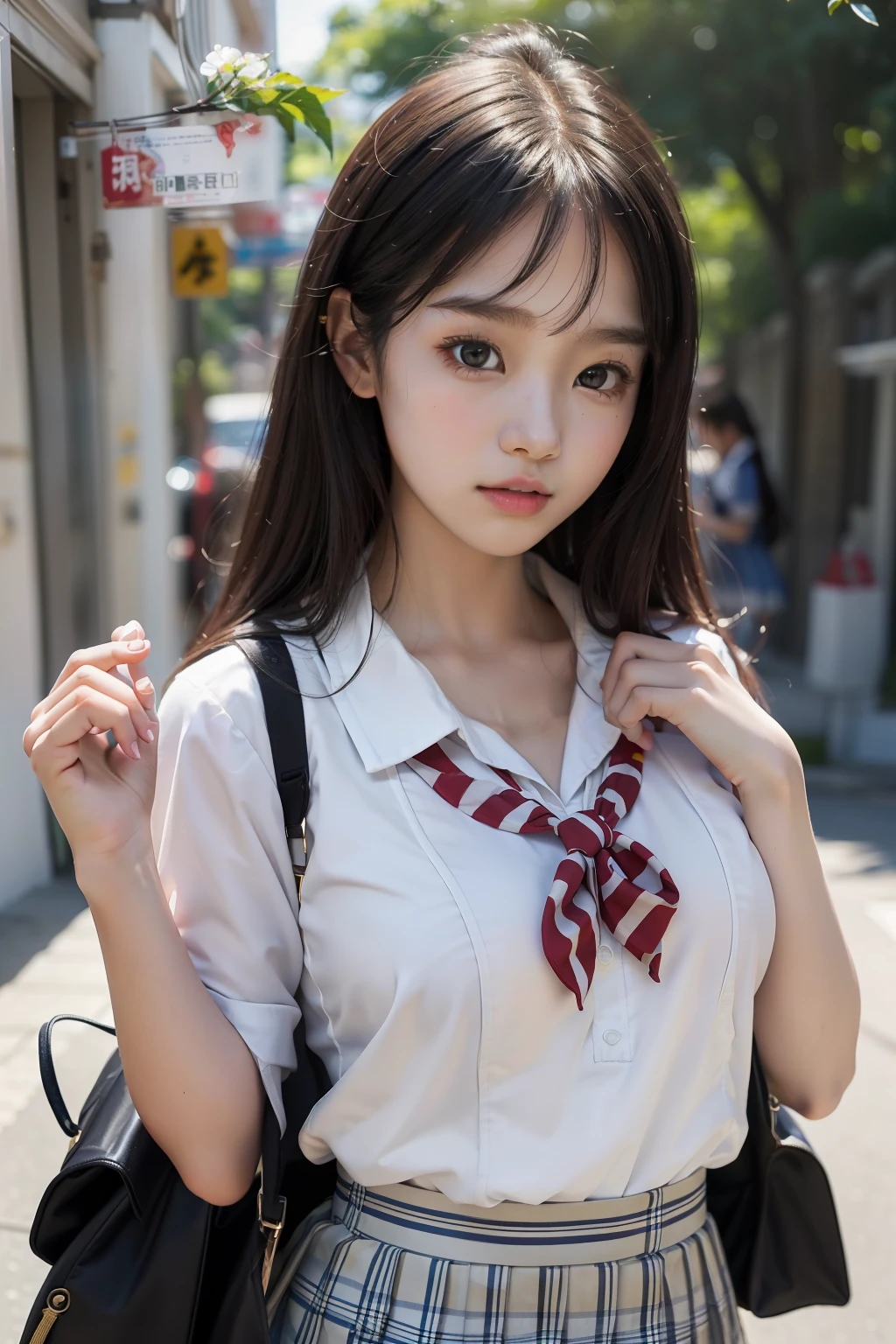 in 8K、超A high resolution、Top image quality、masterpiece、A hyper-realistic、a picture、女の子1人、(:1.3)、Cute little girl utiful detail、(School Girl)、(Summer Uniforms:1.5ium big breasts:1.2)、(((radiant eyes))、