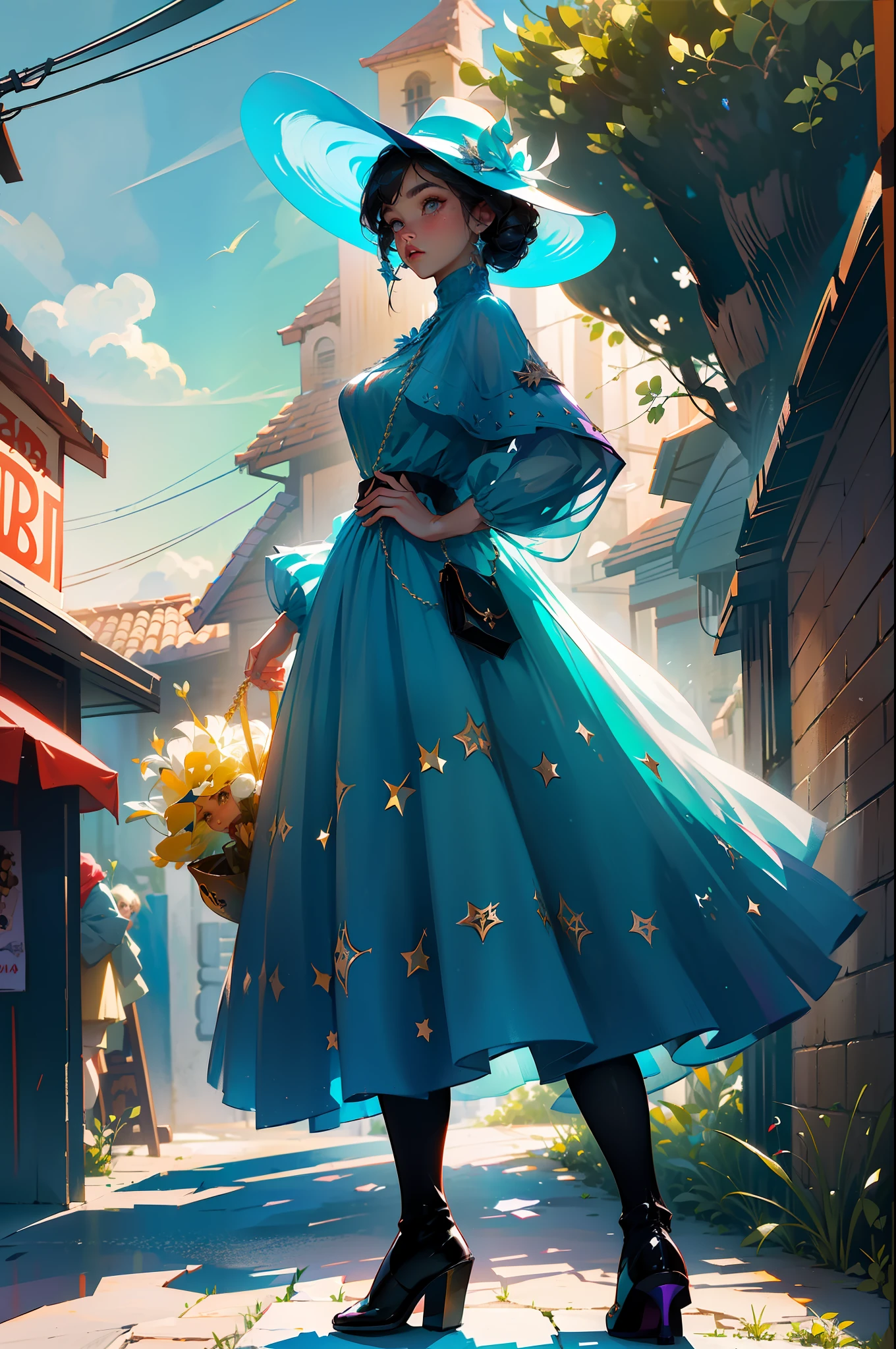 Una hermosa vaquera. She is in the middle of the street in a small village. She holds two large revolvers......, uno en cada mano, Usar ropa de mezclilla, un sombrero y botas altas. Su cabello es largo y rizado. It's a spectacular full-body image with a low upward tilt angle..