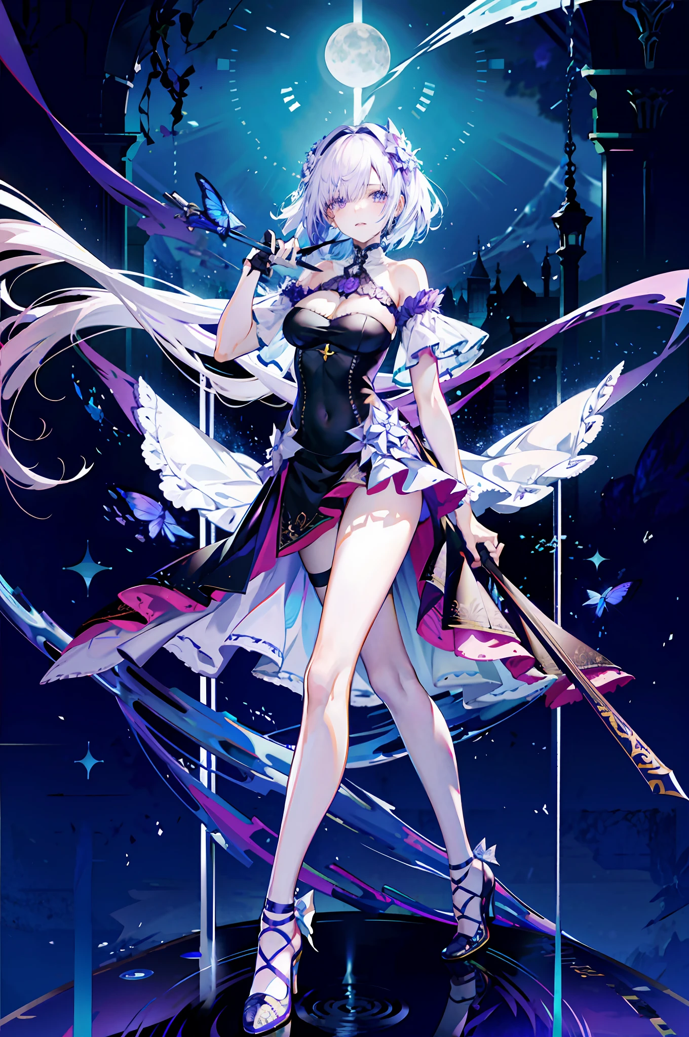 silber hair,butterflys,long whitr hair,8k wallpaper,detailedbackground,Highest high resolution,deep v big breasts,Hair covers one eye,Bandeau,Church background,Purple roses,tight-fitting,themoon,high-heels
