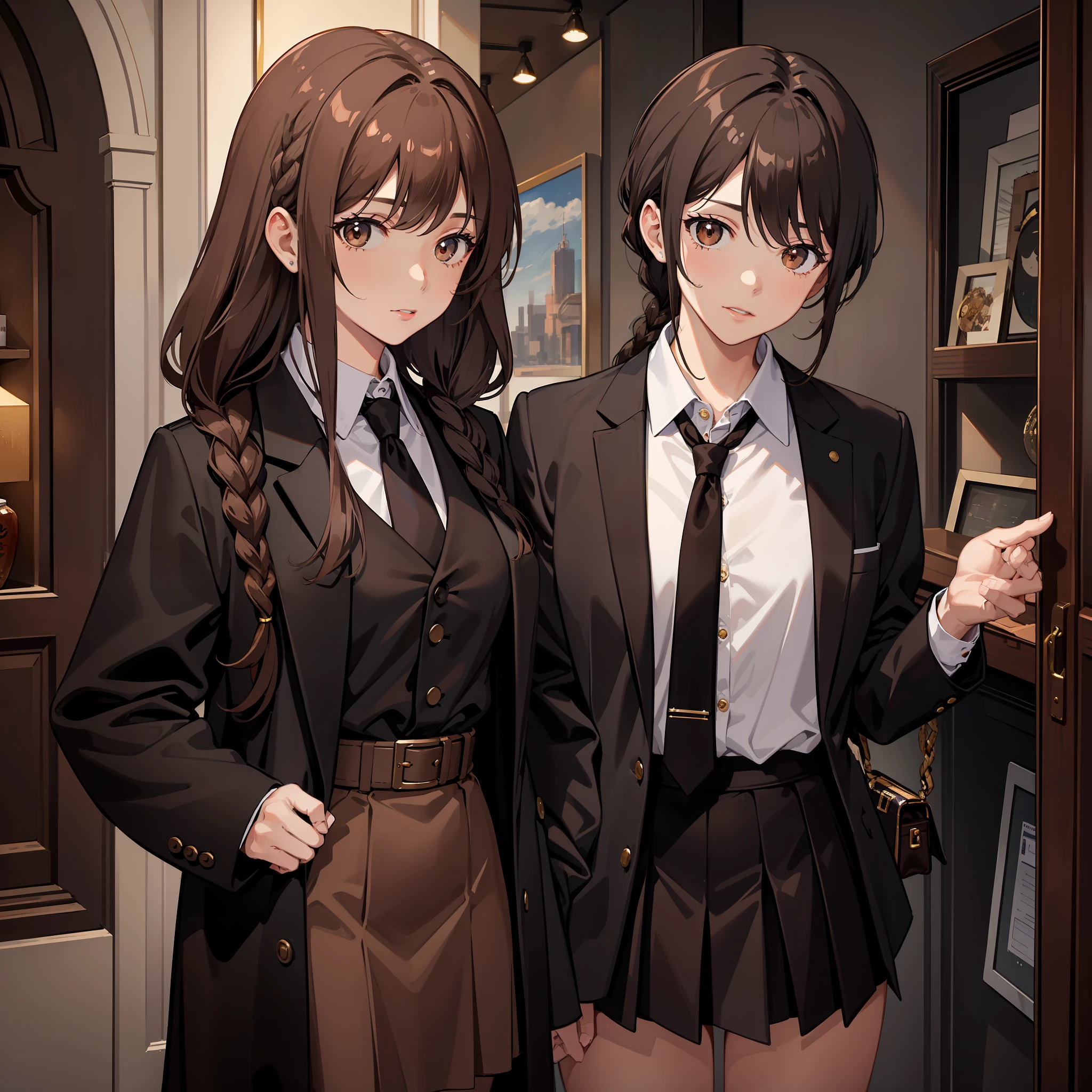 Masterpiece, Best quality, A high resolution, A high school girl with twisted braids，Chocolate colored hair，Wearing a black vest，Brown coat，Short brown skirt，Embracing a brown-haired man