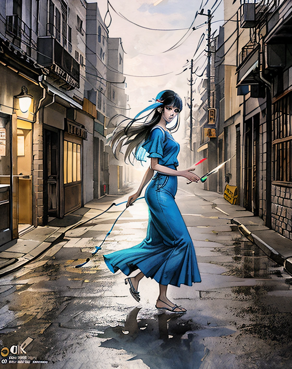 1girl walking down a street in the style of jean giraud moebius, moebius comic art, cinematic, detailed, beautiful lighting, oil painting, hyperrealistic, 8k, 3d, wide angle, trending on artstation, behance, deviantart and cgsociety, concept art, smooth, sharp focus, illustration, unreal engine 5