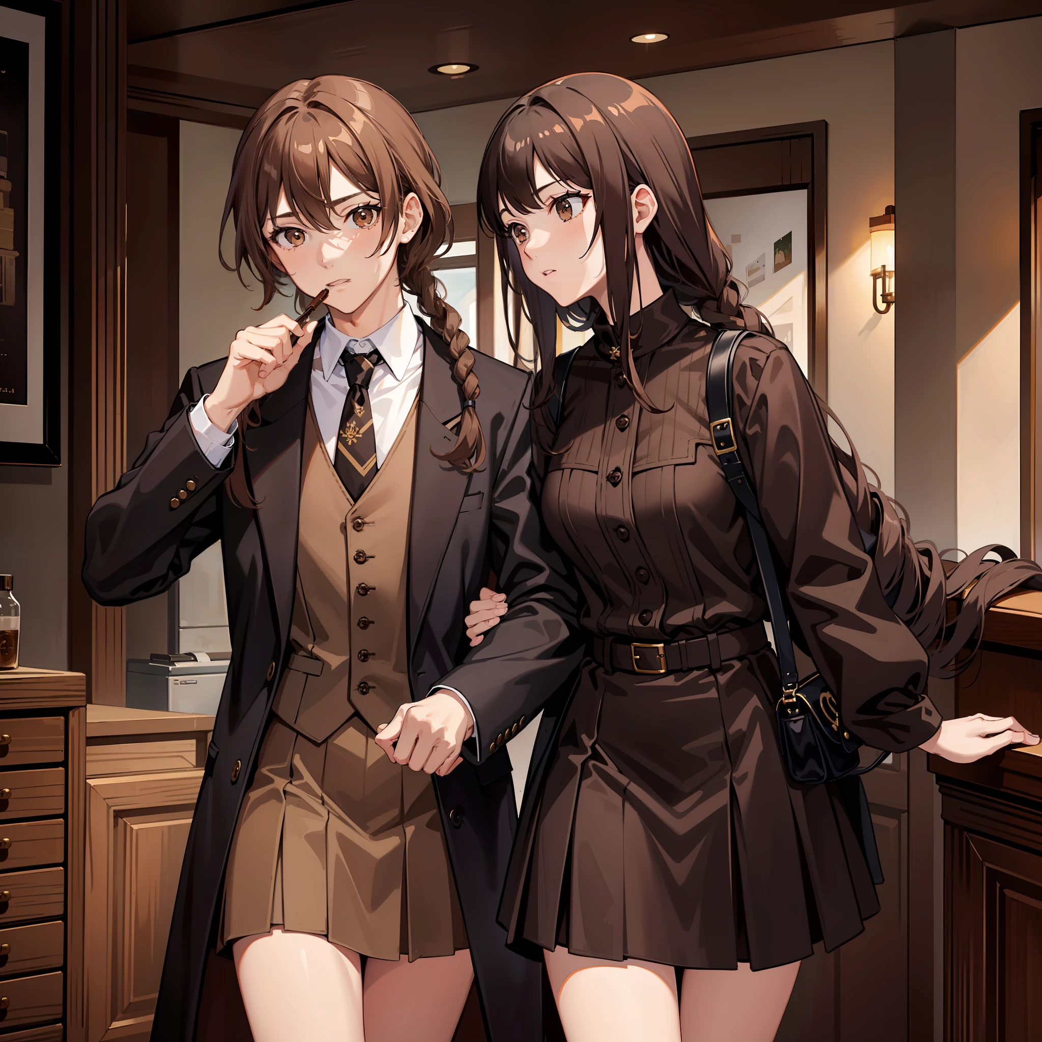 Masterpiece, Best quality, A high resolution, A high school girl with twisted braids，Chocolate colored hair，Wearing a black vest，Brown coat，Short brown skirt，Embracing a brown-haired man