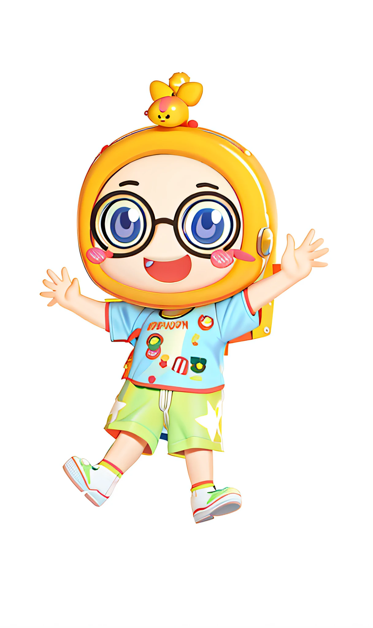 Cartoon  boy waving with glasses and yellow hat, tchibi, Cartoon Cute, kiddy big breasts, kid, cute character, Cute boy, Cute cartoon character, Cute girl, an animated character, Happy kids, chibi girl, Cute woman, Happy girl, cartoon character, chibiStyle, Girl, 😃😀😄☺🙃😉😗, Ruan cute vtuber，3D texture，Blind box style，3Drenderingof，8K，ultraclear