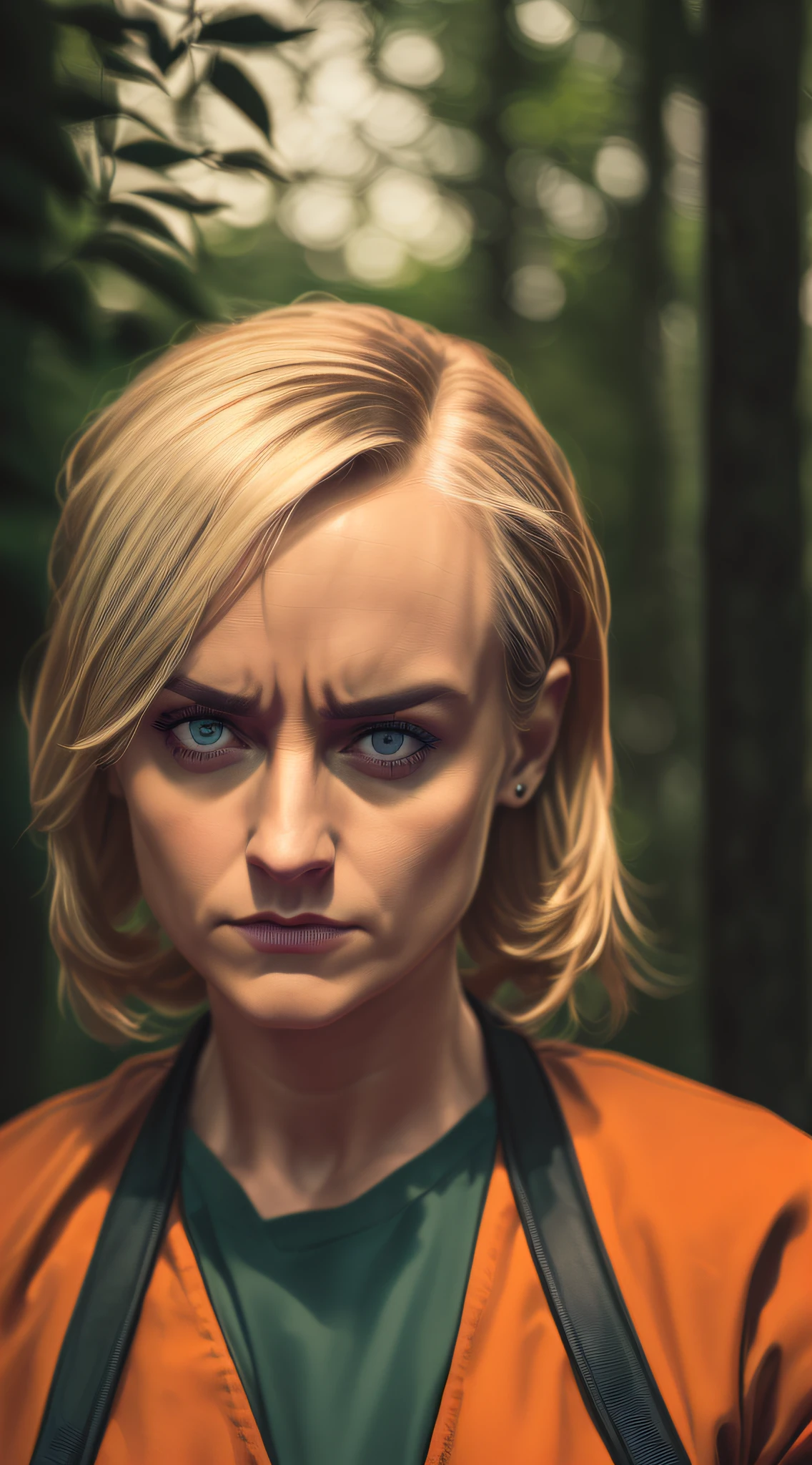 (((Piper Chapman, of the series "orange is the new black", inspirada em Taylor Schilling))), appearance of 35 years, ((traje de de prisioneira, de cor laranjado, tipo americano))((Autorretrato frontal)), 8k UHD, DSLR, grain of film, Pintura fotorrealista, ((olhar sedutora)), in a setting of a dark dark forest. estilo filme de terror, Auto retrato de rosto frontal, posing for camera,,lowangle, 24 mm, (((foco nítido:1.5))), (((profundidade de nitidez:1.5))), (fotorrealista:1.5), (textura da pele:1), cinemactic, hiperdetalhado,