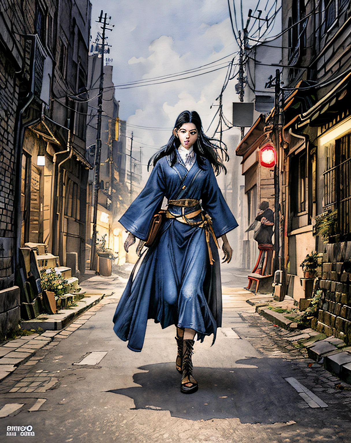 1girl walking down a street in the style of jean giraud moebius, moebius comic art, cinematic, detailed, beautiful lighting, oil painting, hyperrealistic, 8k, 3d, wide angle, trending on artstation, behance, deviantart and cgsociety, concept art, smooth, sharp focus, illustration, unreal engine 5