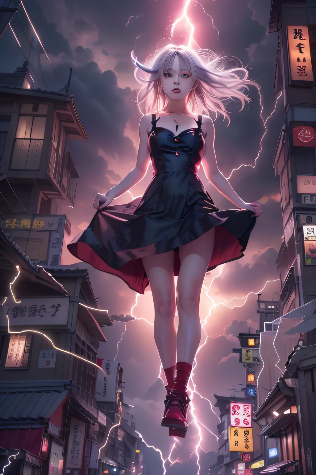 Black goth-rowley girl floating in the city with lightning,Gothloli albino girl floating in the city with one hand,Woman in black dress with red and black hair, Gothic Maiden girl, girl in black dress, 1 7  girl,Old Goth girl, an elegant gothic princess, artwork in the style of guweiz, in the art style of bowater, dreamy gothic girl, 8k high quality detailed art, gothic art style, wearing a gothic dress,closing,Wearing underwear,Red Eyes,Looking down,white  hair,Wind,Head tilt,White hair, Silver hair, Long hair, Blunt bangs, Straight hair, Big hair, expressive hair, (Red eyes that glow intensely:1.8), Downward eyes, (Red Eyes:1.5),small tits,Thin leg,Crazy, Disappointed,wide Shots,wide angles,sideshot,3 views,,(Close up portrait of a person in a black dress flies over the city:1.7),People fleeing the busy streets of the city lined with shops々々々, busy street, Street crowded with people, photograph of the city street, japanese downtown, Traditional Cities of Japan, Busy streets,busy cityscape, bustling city, Crowded with people, Bustling streets in the moon, crowdedstreets, shutterstock, Bustling small town streets,bad weather、A purple lightning bolt comes out of the girl's hand and hits the city, Lightning clouds, Atmospheric lightning, Pink lightning, With thunderstorms, Dark storm with lightning, Dramatic purple lightning, Lightning in the sky, Contrast Lightning, thunderstorm in the sky, Lightning in the background, With lightning, Stormy weather with lightning, Upper volumetriclightning,Effect of wearing purple aura,(Control lightning with open arms:1.4),Destroy the city with a girl's lightning attack,Called nose,Lightning effect on both hands,Purple glowing balls around a girl,goddess of lightning, Storm, Storm outside, She is attracting purple lightning,