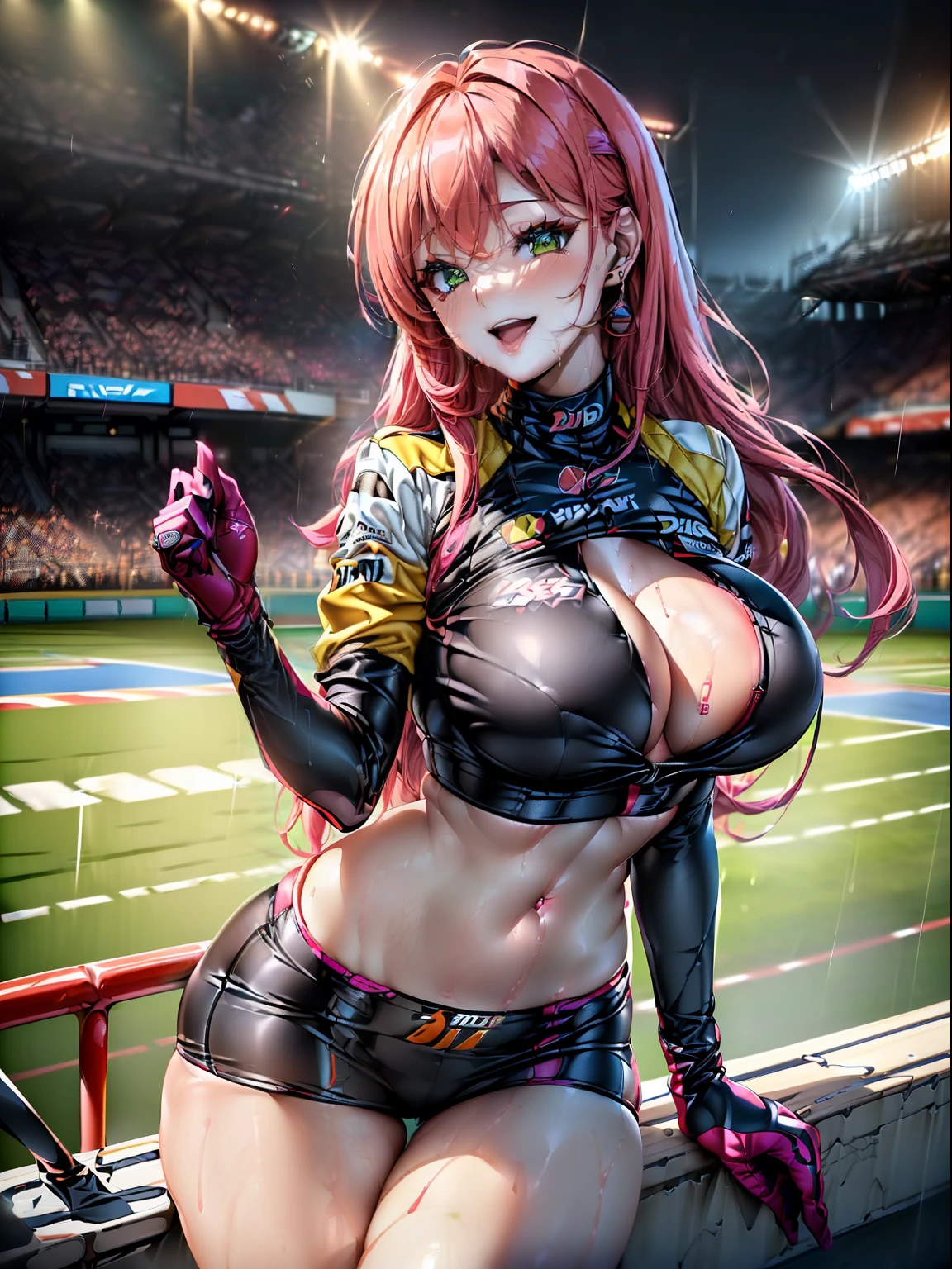 ((full bodyesbian):2) (({Only one woman}:1.2):{((Wearing a red Formula 1 jersey)1.2), ((Long pink hair that falls to the shoulders, Bright green eyes) 1.3), ((Do erotic poses in clothes that are open to them, looking at viewert, ssmile):1.3), ((Large room):1.2)}, \n (({The arena of Formula 1 racing, is night, very heavy rain, several people are in the stands}):1.3), anime big breast, Anime style, 16k, ((Best quality, high detal):1.4), tmasterpiece, hyper HD