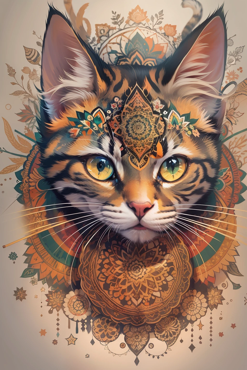 cat, multicolor, mandala