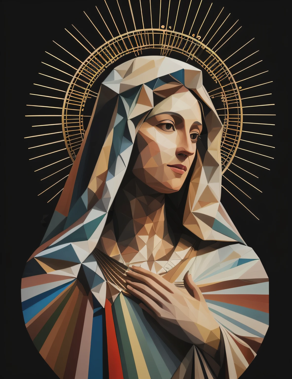 a closeup of a painting of a woman with a solar flare, Retrato da Virgem Maria, arte digital low-poly, arte vetorial altamente detalhada, Virgem Maria, arte lowpoly de alta qualidade, arte poligonal, Baixa poli arte, arte lowpoly cor super detalhada, catholic religious art, obra-prima obra de arte, majestosa mulher de santo, Arte digital 16K de alta qualidade