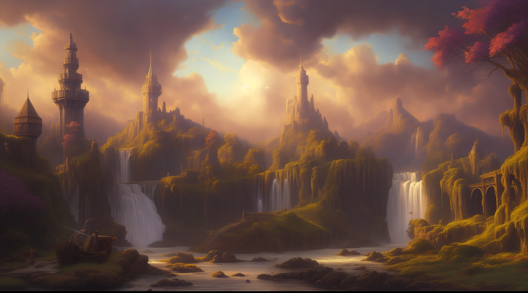 old painting style, mediaeval world, mediaeval theme, fantasy world, colorful, highly detailed, high resolution, ray tracing reflections, dramatic lighting, 8k vibrant colors, hdr, contrast, detailed acrylic, intricate complexity, soft natural volumetric cinematic perfect light, oil painting,
star \(sky\), landscape, empty, a larger plants, waterfall,small fire, ruin, smoking,warship,a lot of widelife,