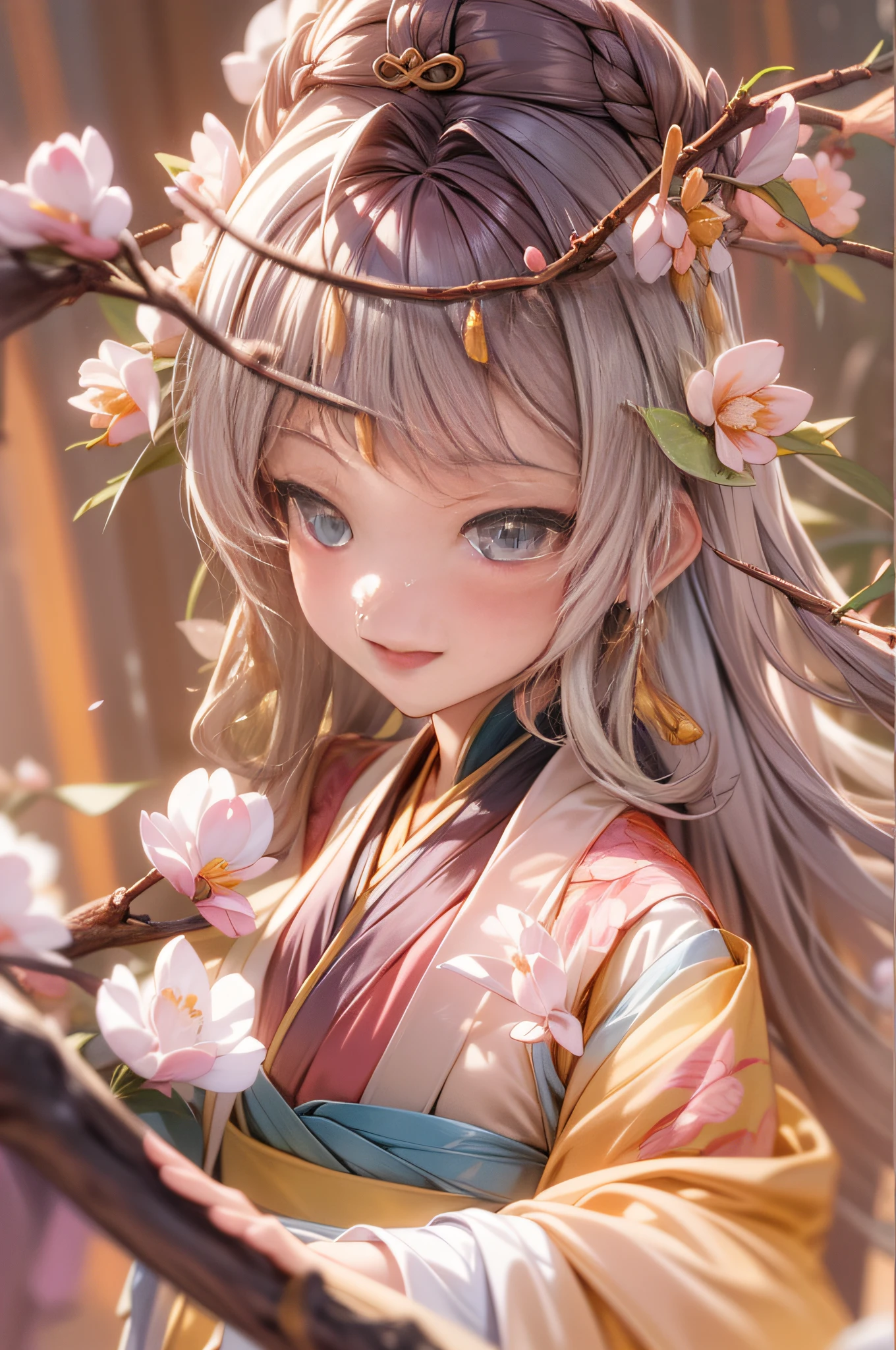 Movie Angle，（Cute girls，anatomy correct，full bodyesbian，Masterpiece peach blossom，Representative works Hanfu，ssmile），（illustratio，paper art，3Drenderingof），（plethora of colors，Best quality，high detal，tmasterpiece，Cinematic lighting effects，4K，Chiaroscuro）