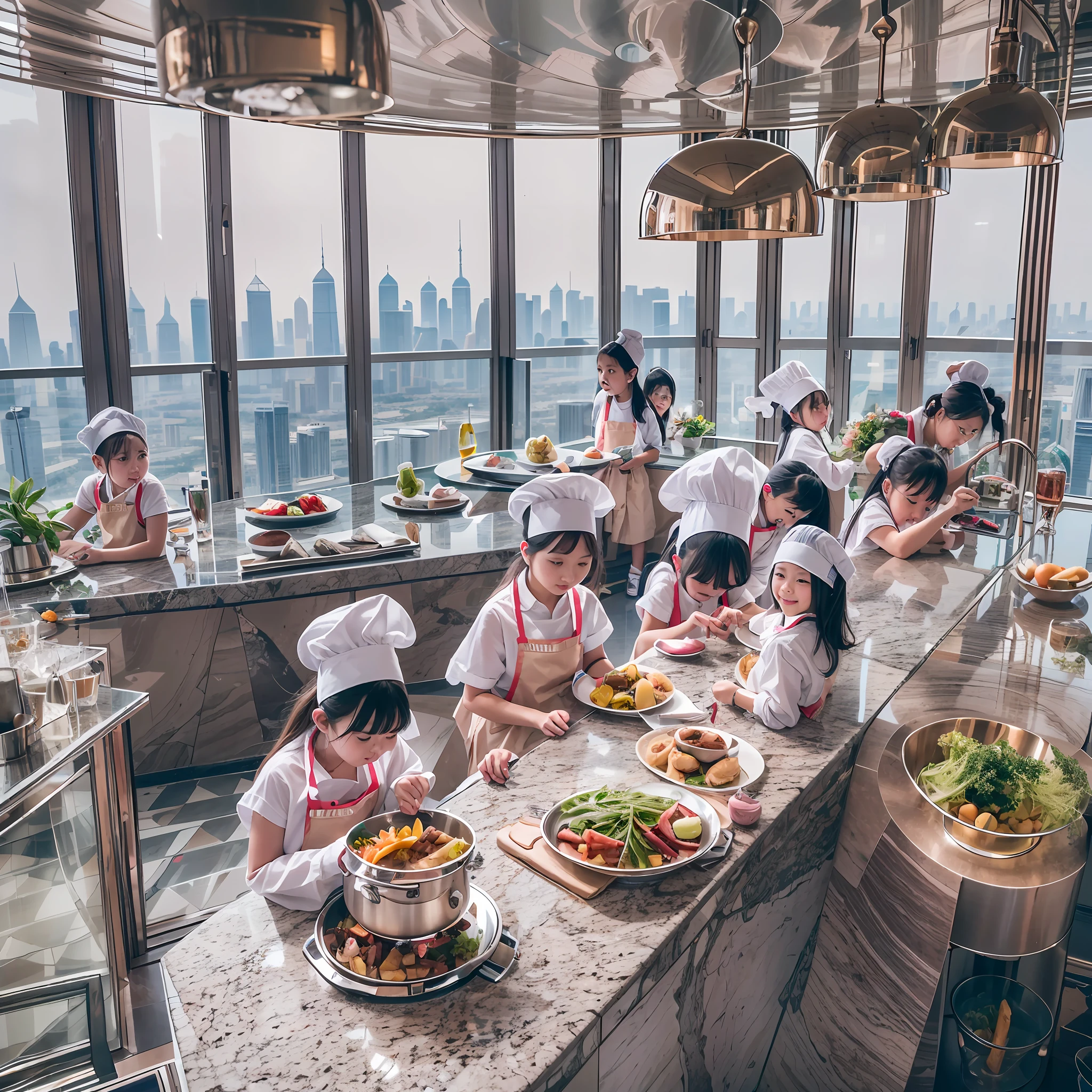 Located on the 180th floor of Shanghai Tower，Five delicate cute little girls with upturned asses，junior school student，Cook in an upscale open kitchen