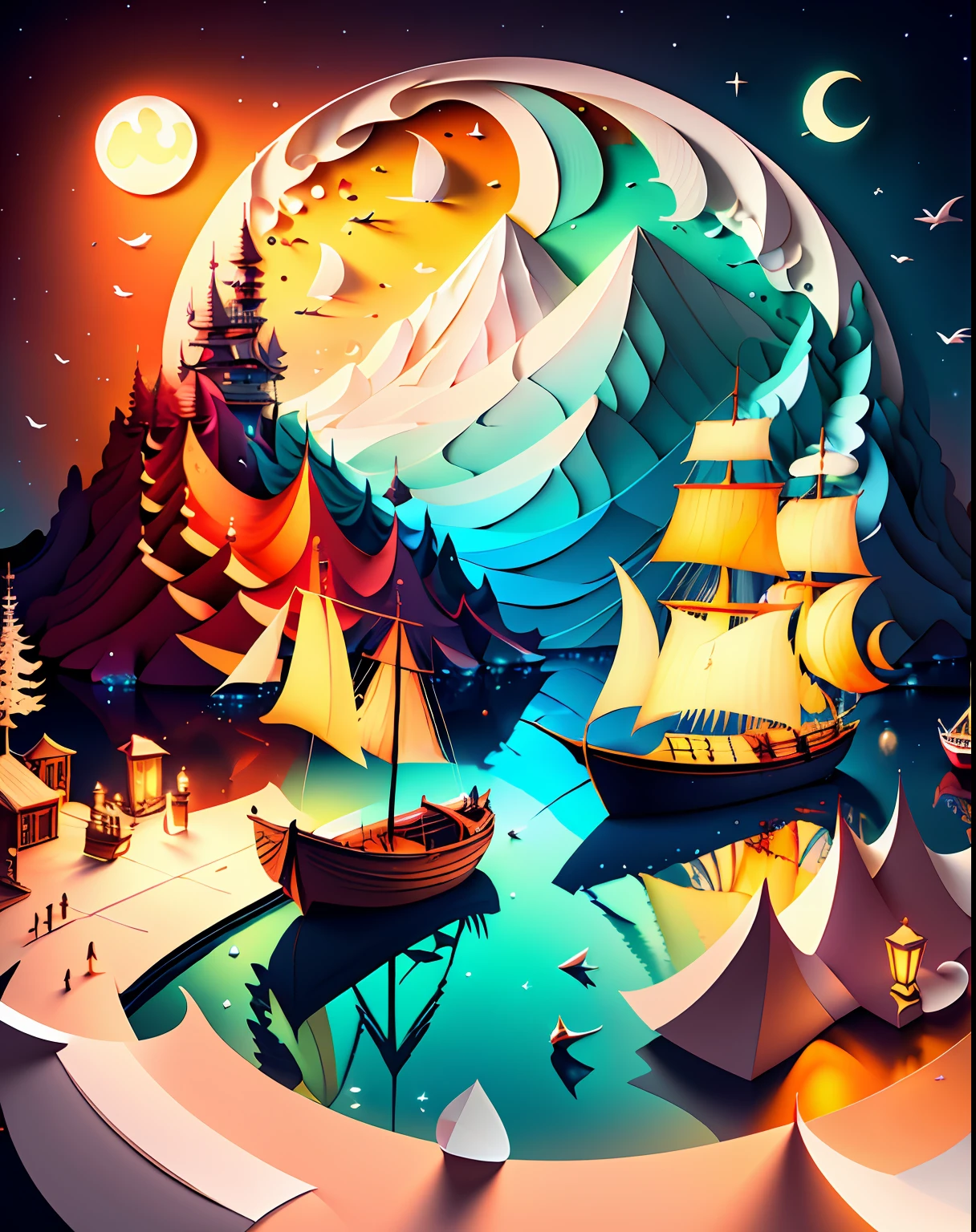 Softlight,(warm color:1.2),Water color painting,light background,best quality exquisite details,3d rendering,Octane render,pastel, Moon, boat, sea, storm,(paper_cut:1.15),