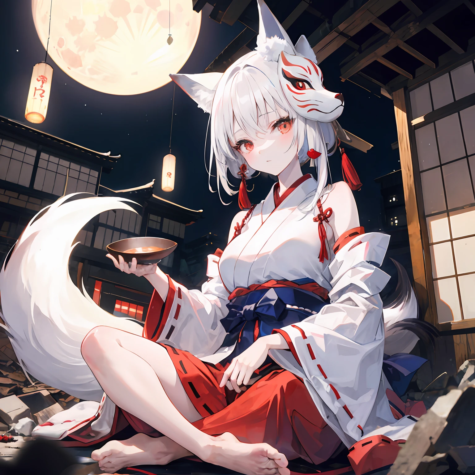 A white-haired girl wearing a fox mask drinks sake in an izakaya among the rubble.,red eyes,miko,moon,shiny skin,indian style