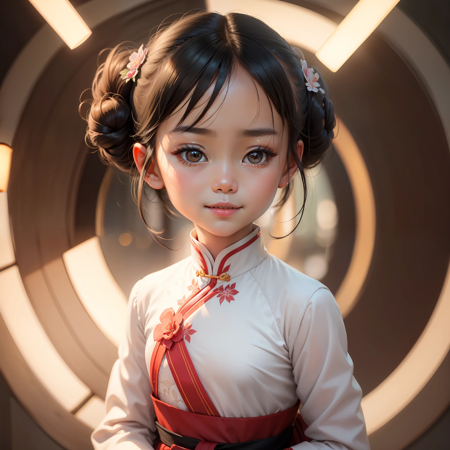 (raw photo, best quality), highly detailed, masterpiece, ultra detailed, illustration, 1  9 years old, wear ao dai white color traditional, upper body, black hair, black eyes, lens flare, cinematic lighting, dynamic angle, asian face, back bun hair, daylight, elegant, princess, Front angle of the face, smiling,
