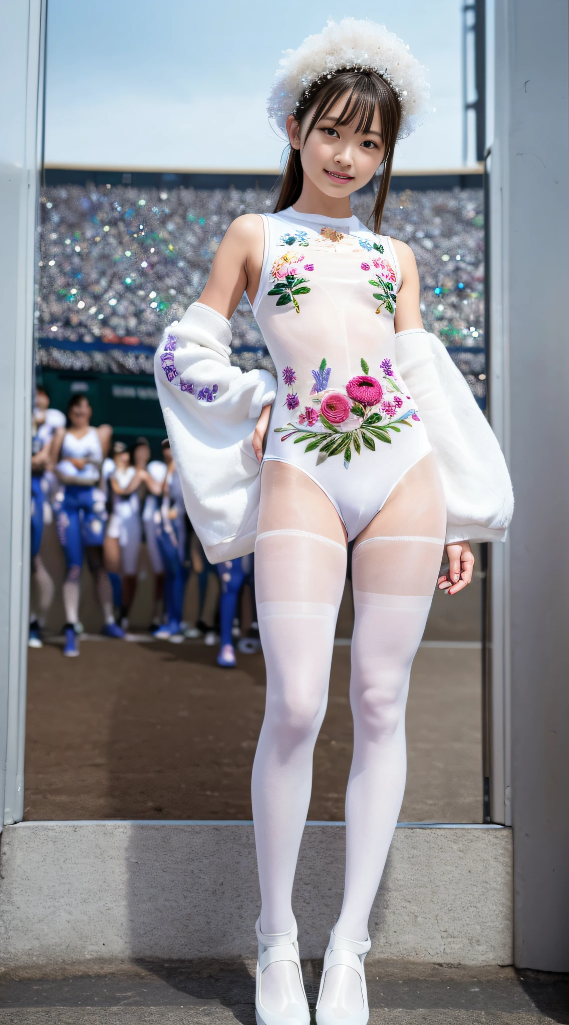 best qualtiy, masutepiece, 超A high resolution, (Photorealistic:1.4), Raw photo,8K, full body Esbian、full-shot、SFW、bob cuts、A dark-haired、Bright eye、Active figure、Beautiful japanese girl,((I'm standing in front of a huge crowd in the stadium:1.4)). ((Wearing white high-leg glitter with floral embroidery:1.4))、((small breasts with bulging bulges))、In high resolution、The focus is clear and、、High-leg leotards、hyperphotorealism、perfectly proportions、the golden ratio、f lare、outlines、 soft glow、softfocus、Photography Techniques Monocle、((Lots of spectators:1.2))、((Glossy white pantyhose:1.3))、Tight leotards、I'm not wearing shoes.、Leotard that digs into the crotch、The best smile、bare-legged、(lack of flowers around)、(No floral hair ornaments:1.4)、put hands on the hip