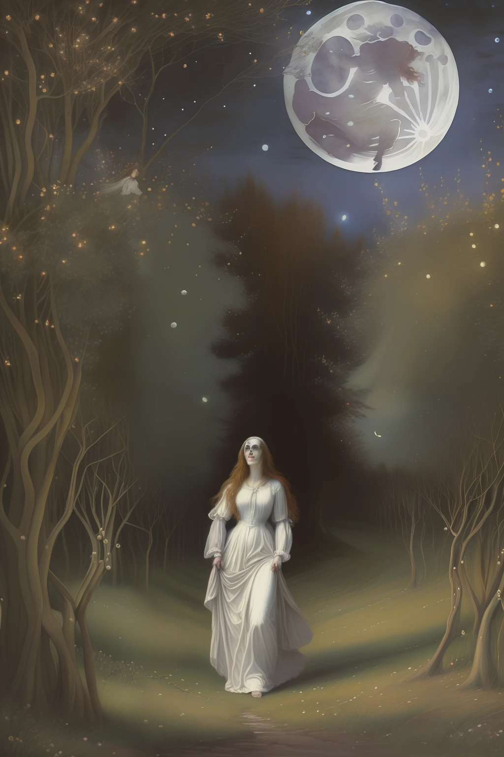 (((Pre-Raphaelite painting of a ghostly woman flees in horror in a hawthorn grove at full moon night)))