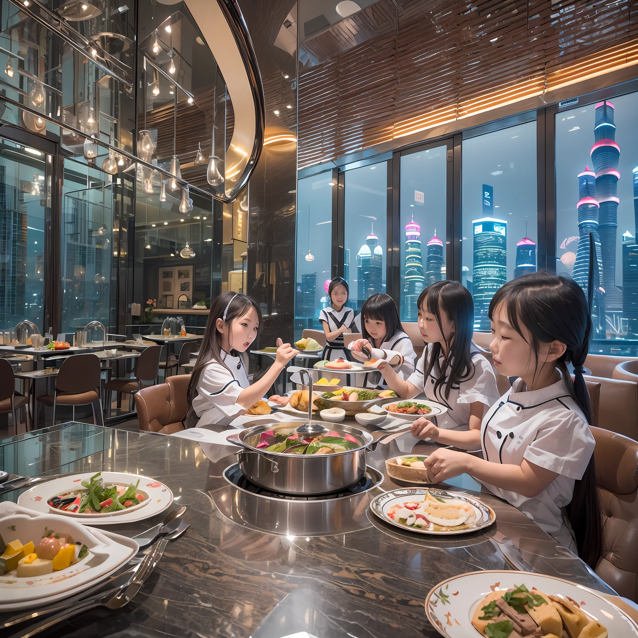 Located on the 180th floor of Shanghai Tower，Five delicate cute  girls with upturned asses，juniorin an upscale open kitchen