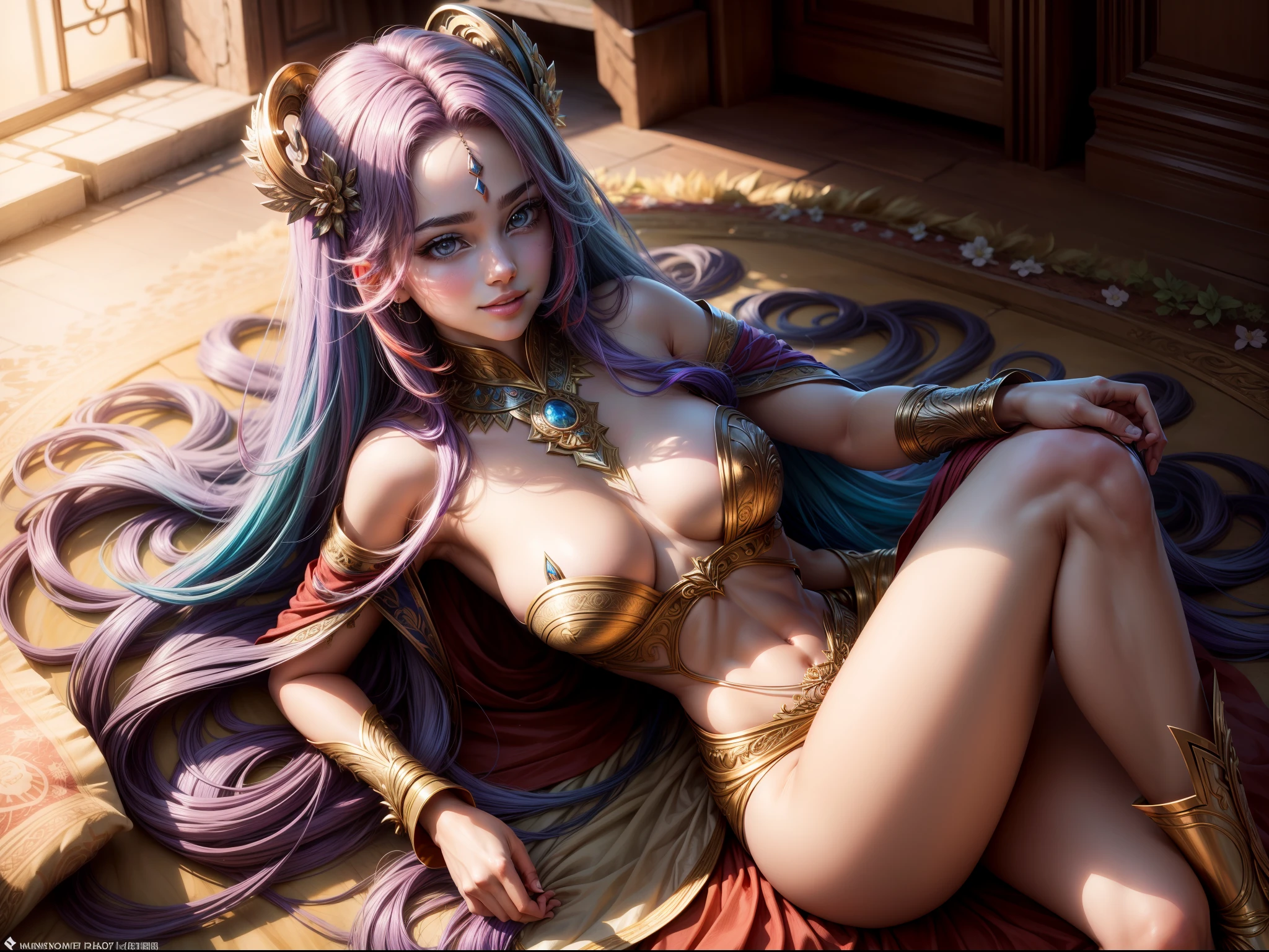 (Masterpiece: 1.4), (Best Quality: 1.4), A captivating girl of divine power fell into the mortal realm, with her charming smile give breath to its surrounding an unrealistic sense of peace and made everything more vibrant, the world loses its beauty when compared to her beauty, the elements bowed to her, and the colors of the world only accentuated her beauty as its shine on its own compared to other. ultra realistic. multicolored Hair