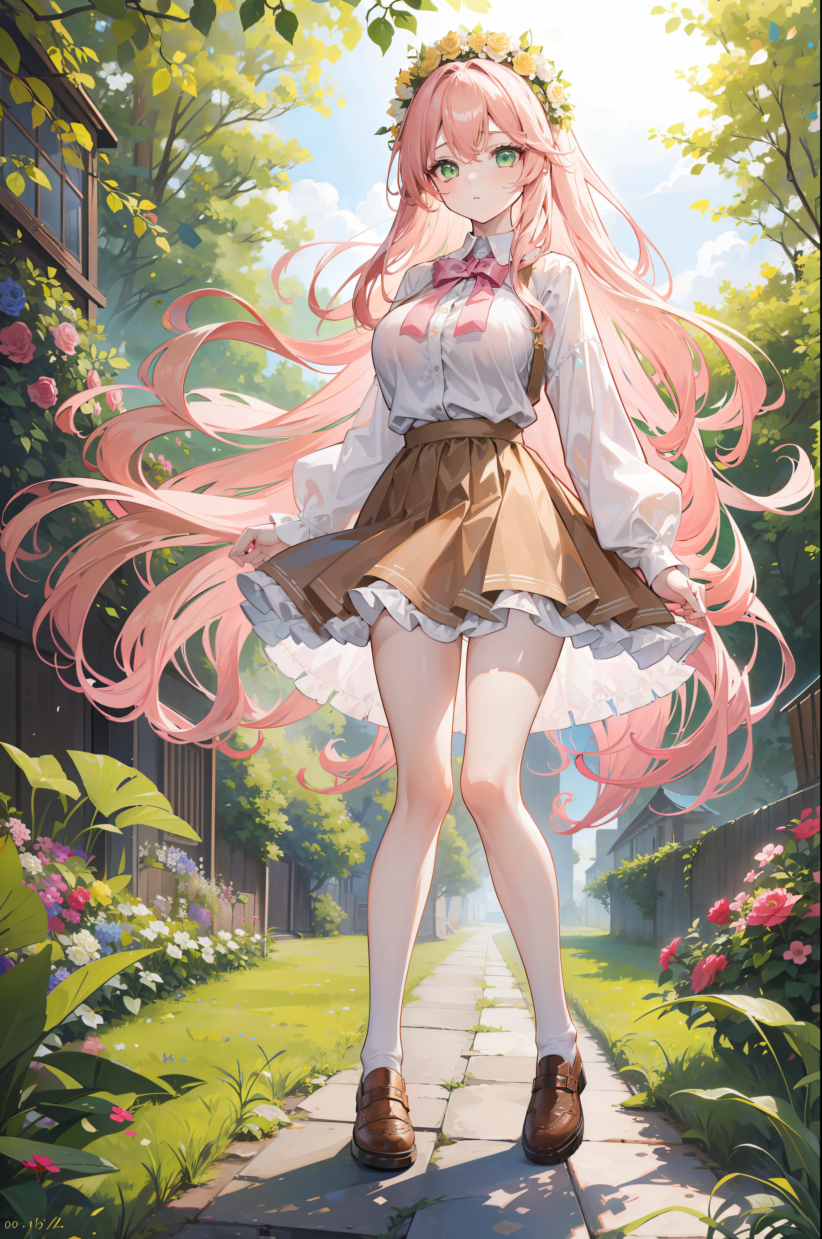 "1girl with long pink hair, big breasts, late twenties, wearing, flower crown, light brown skirt, white plain long sleeve shirt, light brown shoes, green eyes, garden, full body image, in absurdly high resolution, ultra-sharp 8K image quality, creating a visual masterpiece, and captivatingly staring at the viewer."