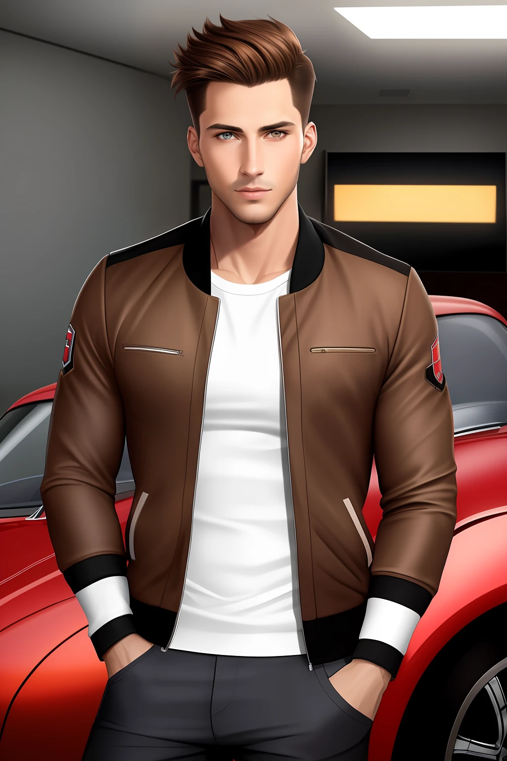 1man, beautiful face, posing at car exhibition, strict, clean brown hair, handsome, varsity jacket, shirt, pants, jock, ultrarealistic, realism, studio lighting, magazine photography, HDR, 4k resolution, hd, 2k, 8k, 16k, HDR 4k