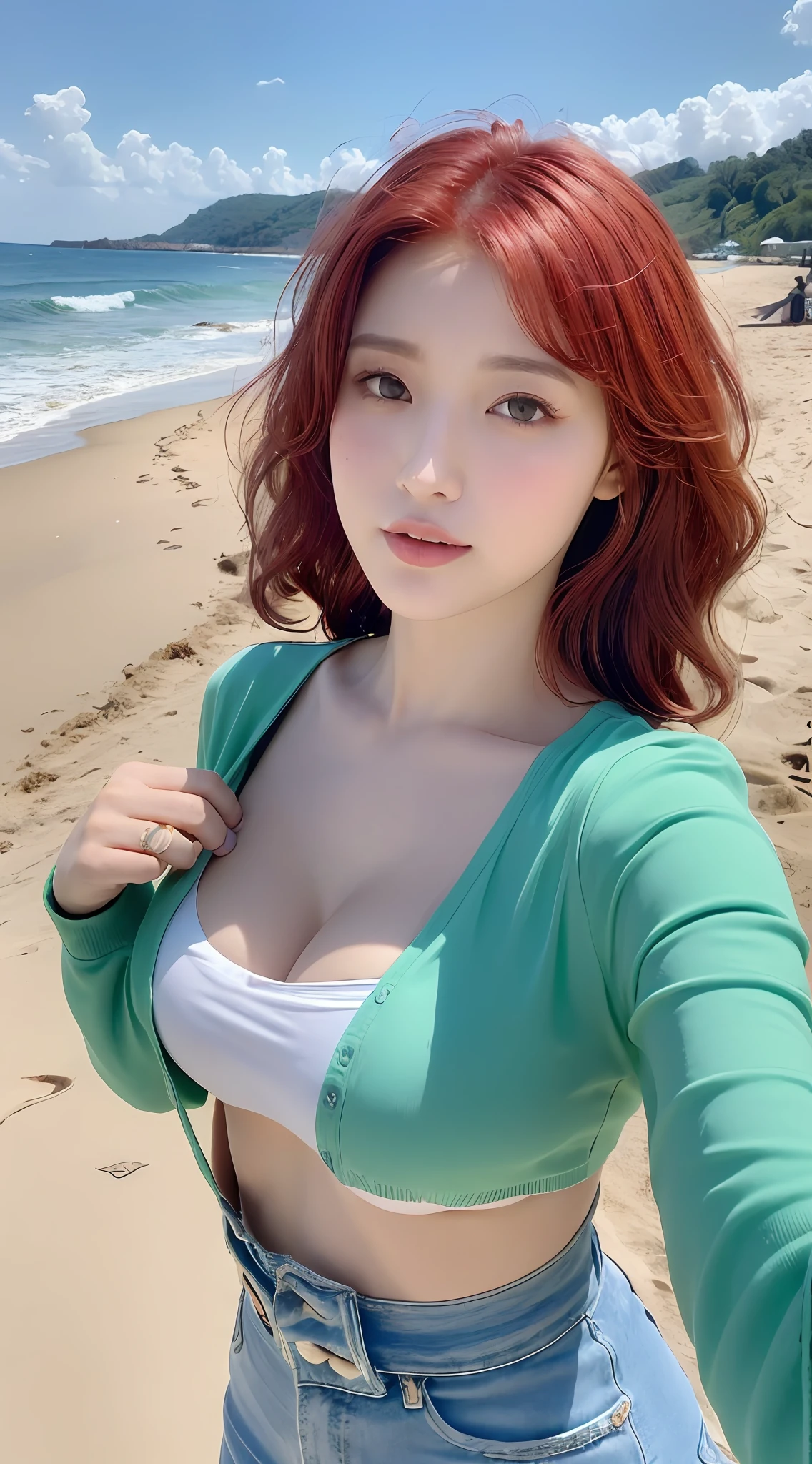 ((Realistic lighting, best qualtiy, 8K, tmasterpiece:1.3)), sharp fokus:1.2, 1girll, Beautiful Women with Perfect Figure:1.4, Slim abs:1.1, ((Red hair,)，Cowgirl posture，（exteriors，In the daytime：1.1），Beach by the sea，Ultra-fine face，Fine eyes，二重まぶた，curlies，with fair skin，mideum breasts，Random color clothes