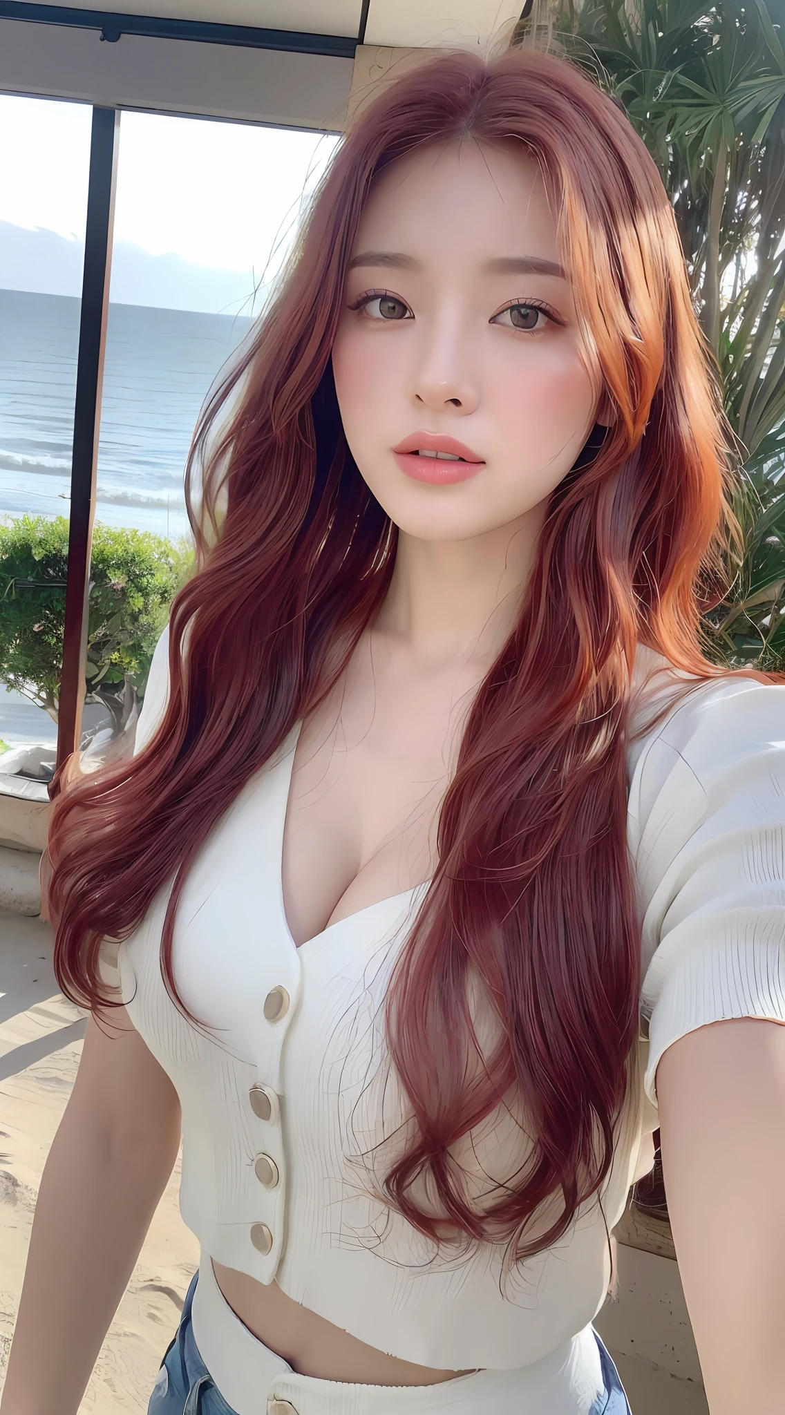 ((Realistic lighting, best qualtiy, 8K, tmasterpiece:1.3)), sharp fokus:1.2, 1girll, Beautiful Women with Perfect Figure:1.4, Slim abs:1.1, ((Red hair,),Cowgirl posture,(exteriors,In the daytime:1.1),Beach by the sea,Ultra-fine face,Fine eyes,二重まぶた,curlies,with fair skin,mideum breasts,Random color clothes