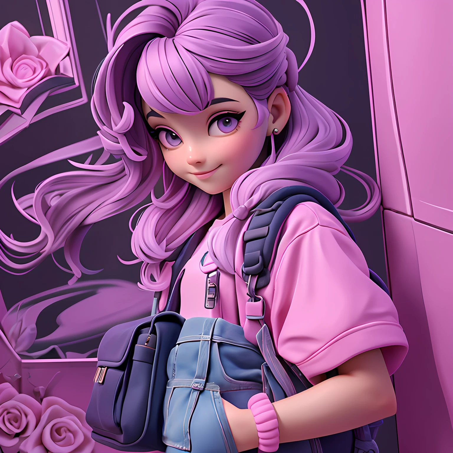 uma menina jovem, Seu cabelo esta solto, com rendas delicadas, tom verde neon com madeixas cinza e preto claro, roupas leves, mochila, fone de ouvido, dread's roxo escuro, corpo inteiro, The background is filled with a pastel shade, evoking a sense of lightness and happiness.